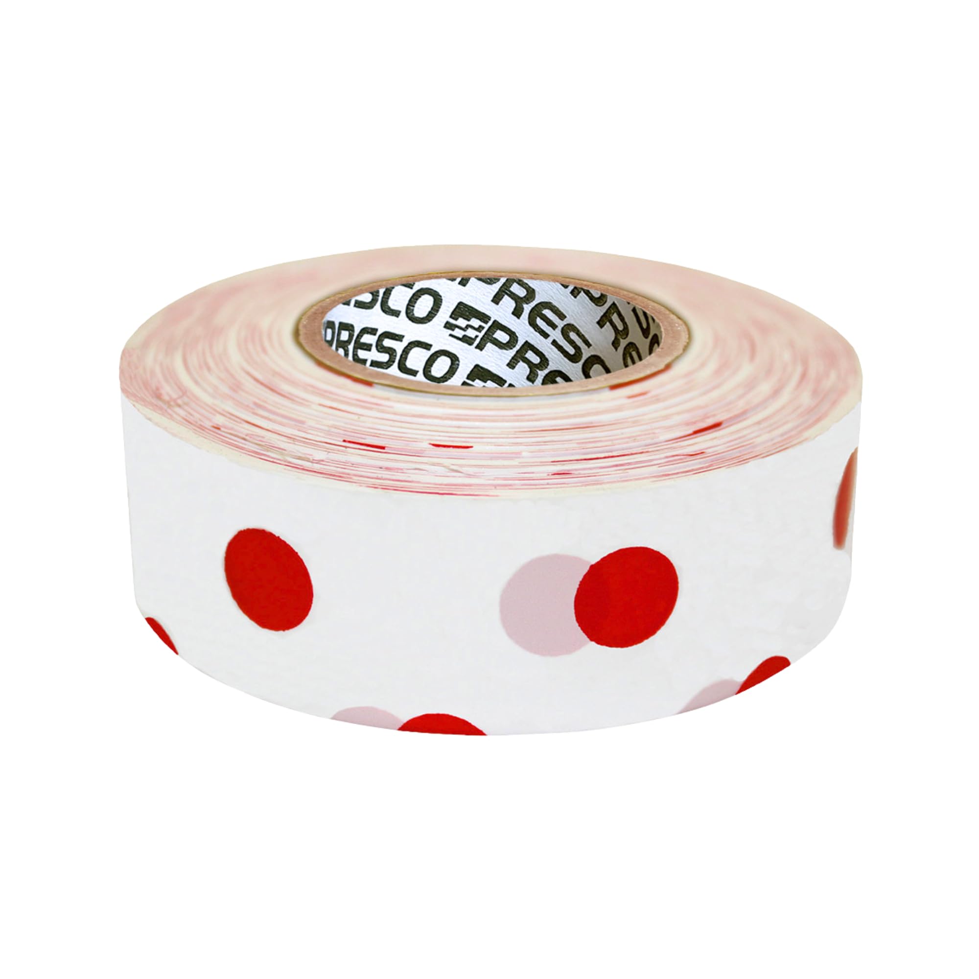 NO Adhesive, Presco Polka Dot Patterned Roll Flagging Tape, 1-3/16 in. x 300 ft. (White and Red Polka Dot)