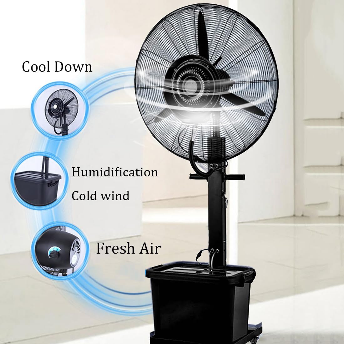 Ventilador nebulizador portátil Negro de Gran tamaño, de pie, con circulación de Aire de Alta Velocidad de 320 W/380 W, Ventilador Industrial de Suelo de Alta Resistencia.