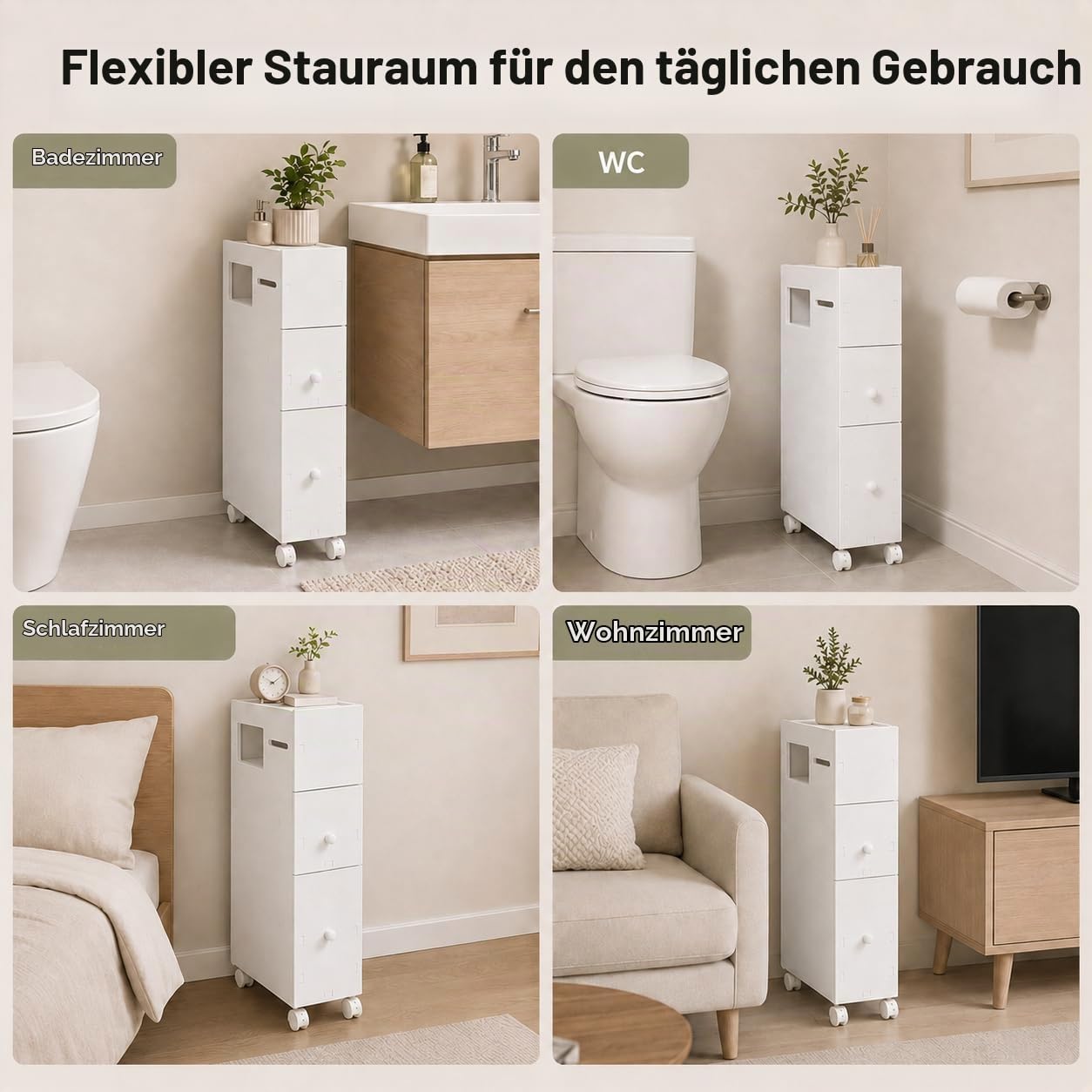Badezimmerschrank schmal 19,5 cm Nischenschrank mit 2 Schubladen und Rollen