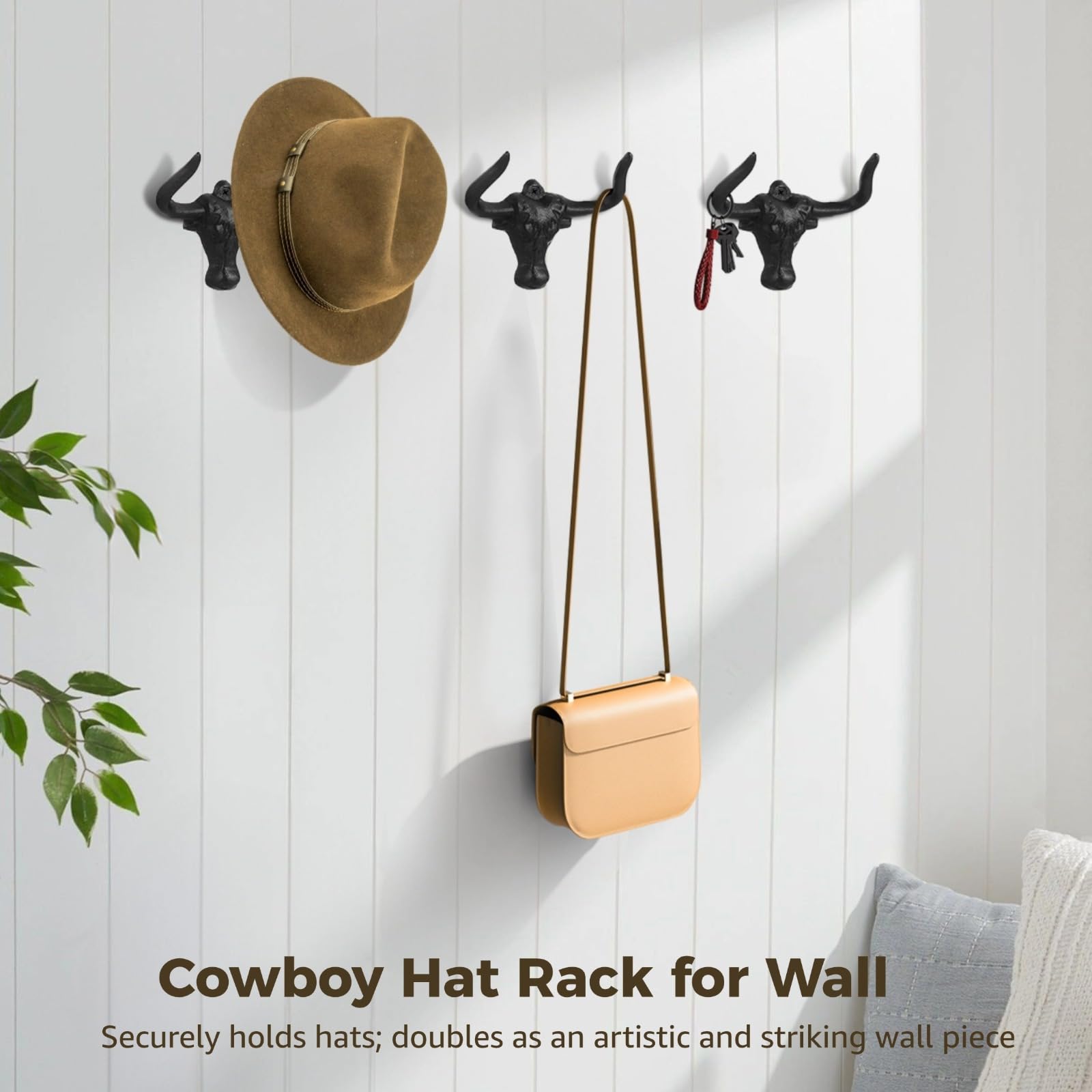 4 PCS Cowboy Hat Rack for Wall, Cast Iron Bull Head Hook with Longhorn, Vintage Hat Holder, Rustic Wall Coat Hanger