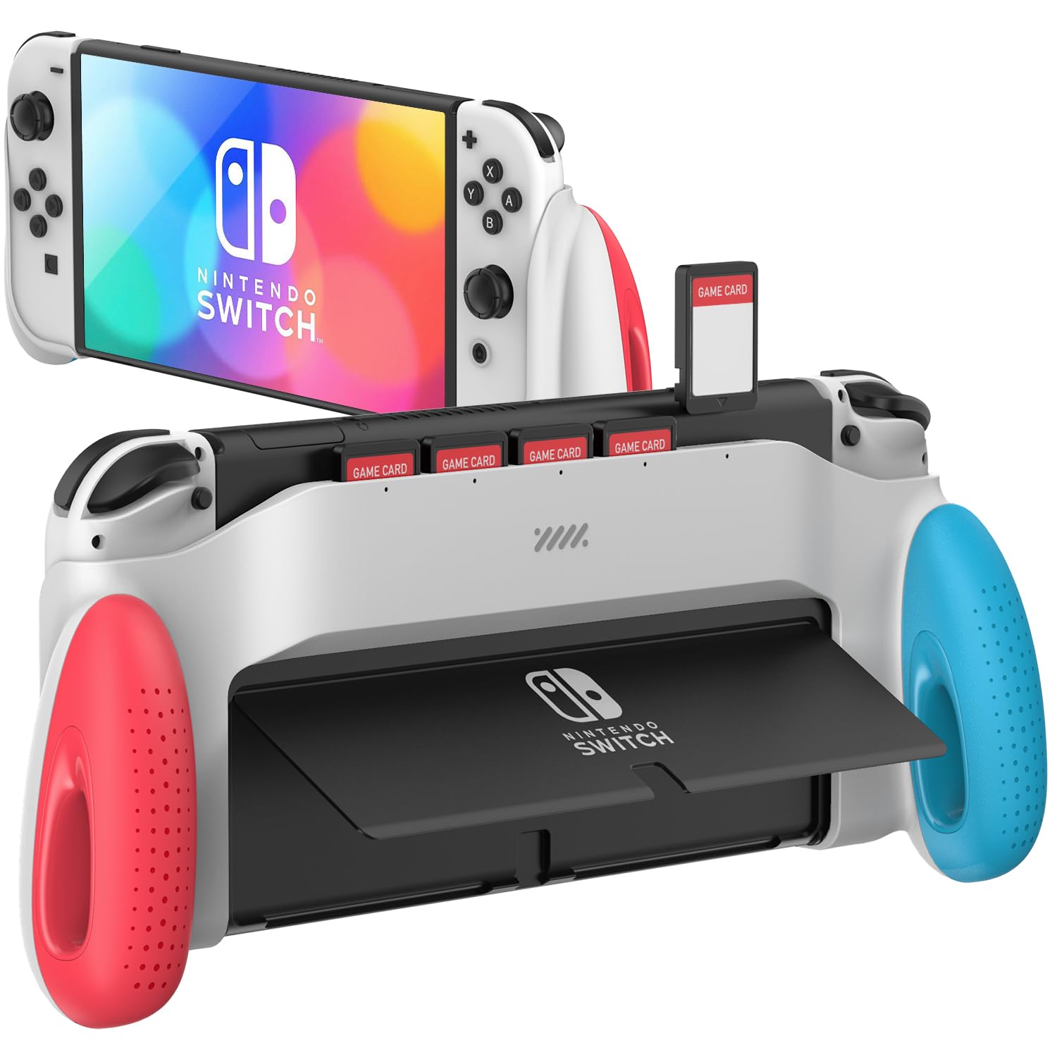 JUSPRO Grip Case Compatible with Nintendo Switch OLED Model, Unique Switch Accessories Designed Comfortable & Ergonomic Grip with 5 Game Slots