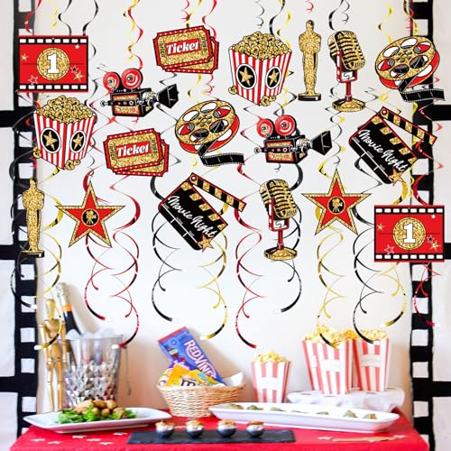 Image of Movie Night Hanging Swirl Set Party Decorations, 48 Pcs, Hollywood Theme with Popcorn Trophy Microphone Film Reel Party Supplies Sign, Red Black Gold