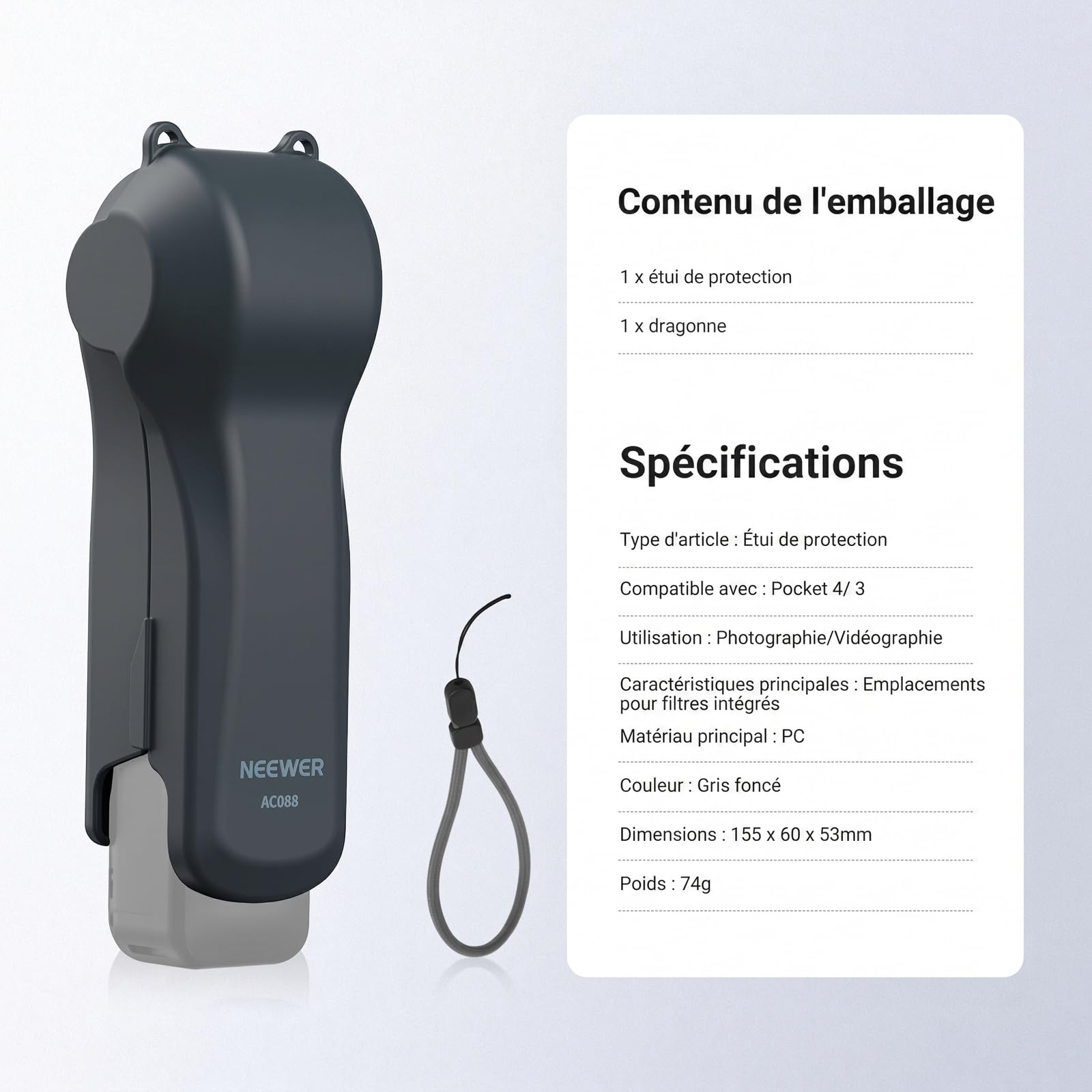NEEWER Étui de Protection Compatible avec DJI Osmo Pocket 4/3 & Xtra Muse, Housse de Voyage Accessoire Caméra Sport avec Emplacements Filtres et Sangle Poignet, AC088 (Gris Foncé)