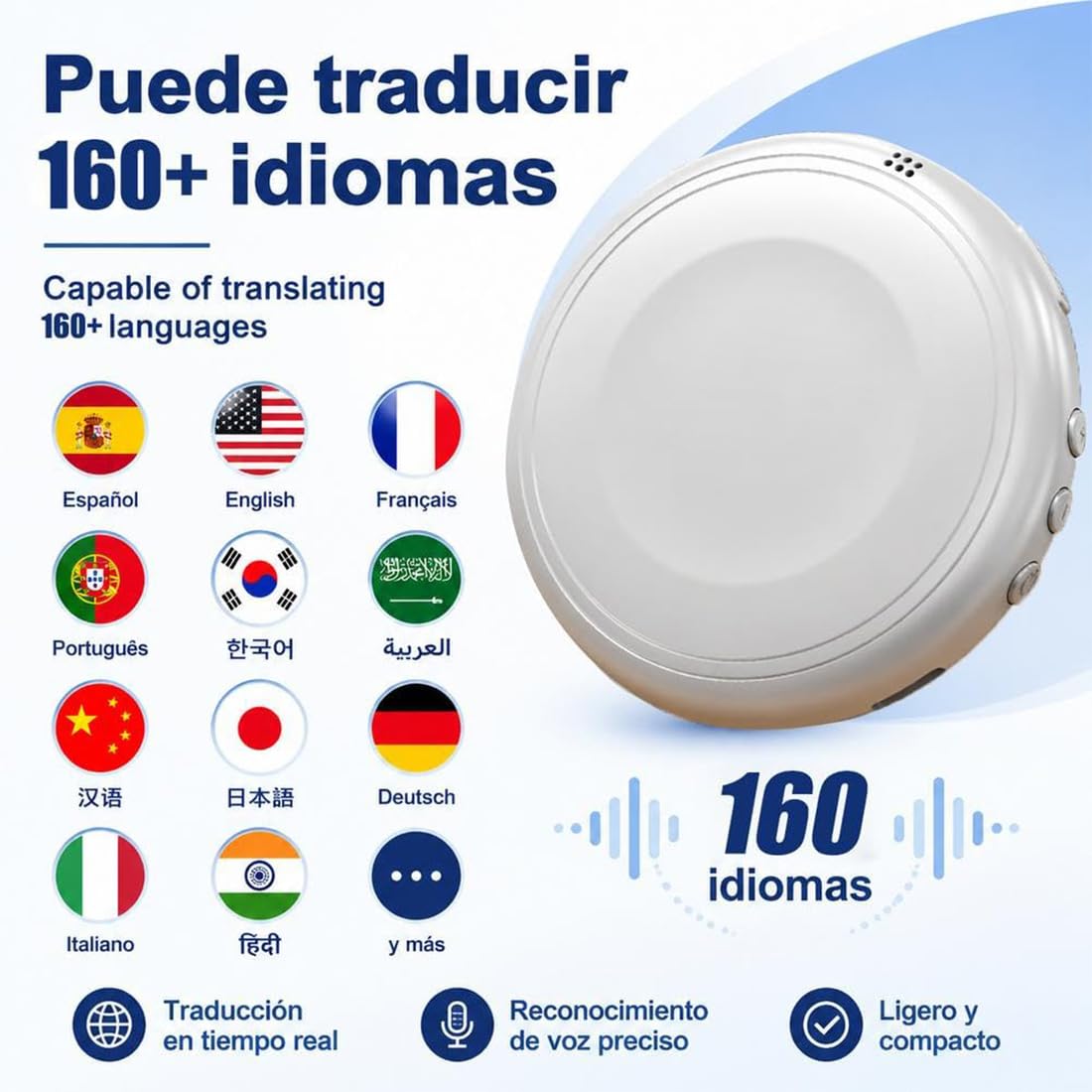 Compañero de IA para practicar idiomas en tiempo real, dispositivo traductor portátil de español, traductor de idiomas con IA 165 idiomas para practicar pronunciación, gramática y conversación (1pc)