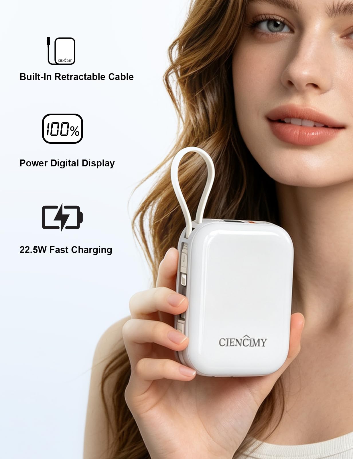 Power Bank da 10000 mAh con Lightning integrato e USB‑C, ricarica rapida da 22,5 W, display digitale a LED, caricabatterie portatile sottile da 176 g per iPhone 17/14 e Android