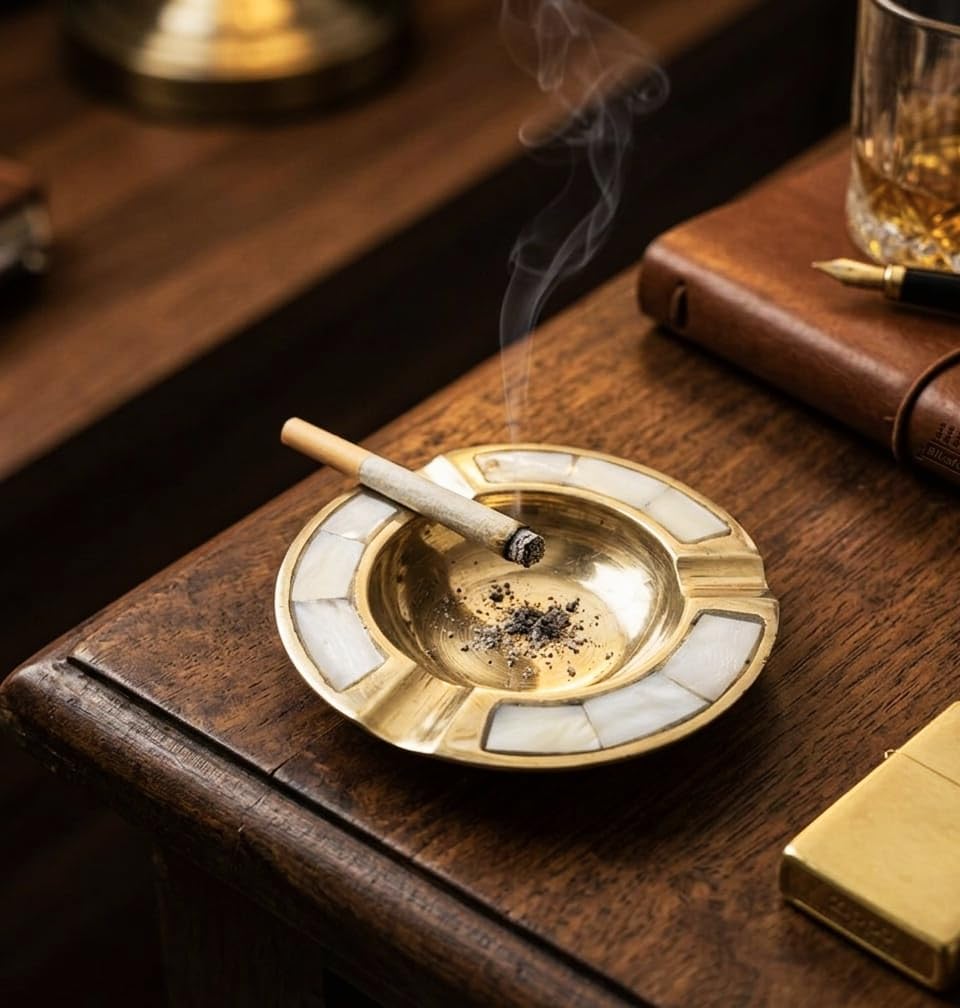 Brass Round Ashtray Mother Of Pearl Vintage Design Table Top Ashtray/Showpiece/Collectable For Cigarette Smoking,Home Decor and Gift (8CM x 8CM x 2CM) small (WEIGHT-80 GMS)-image-32