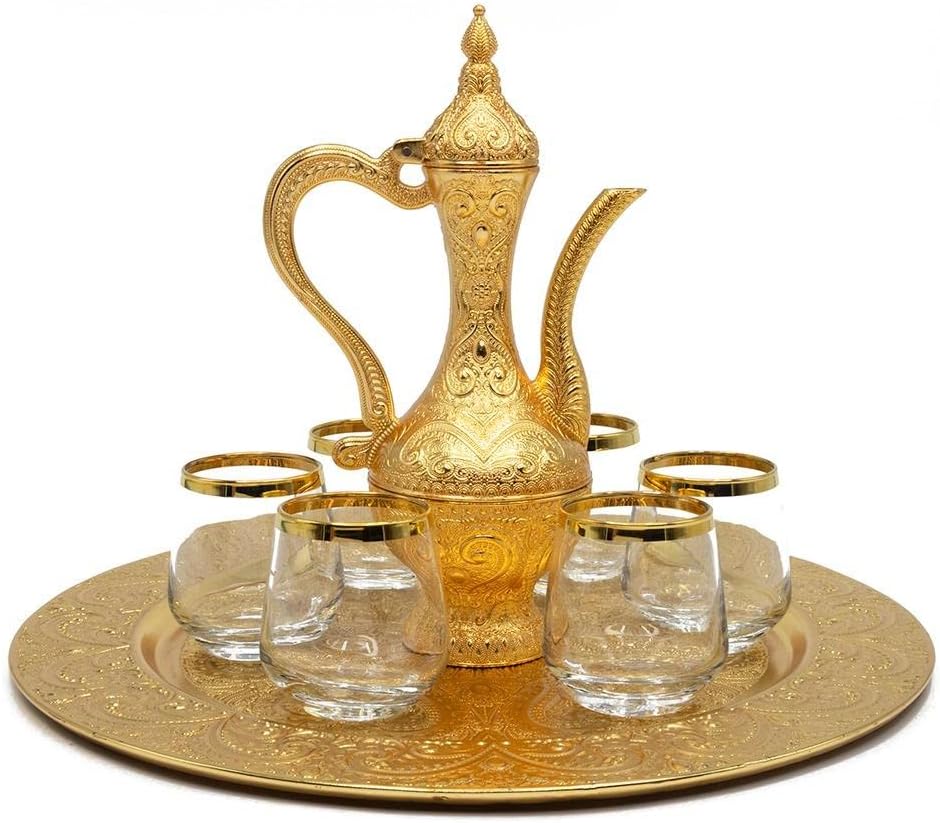 Modefa Kitchen & Dining Serving Set - Luxury Turkish 8 Piece Zamzam Water Cup Set - Round Ottoman Style Tray with Pitcher (Gold, Glass)
