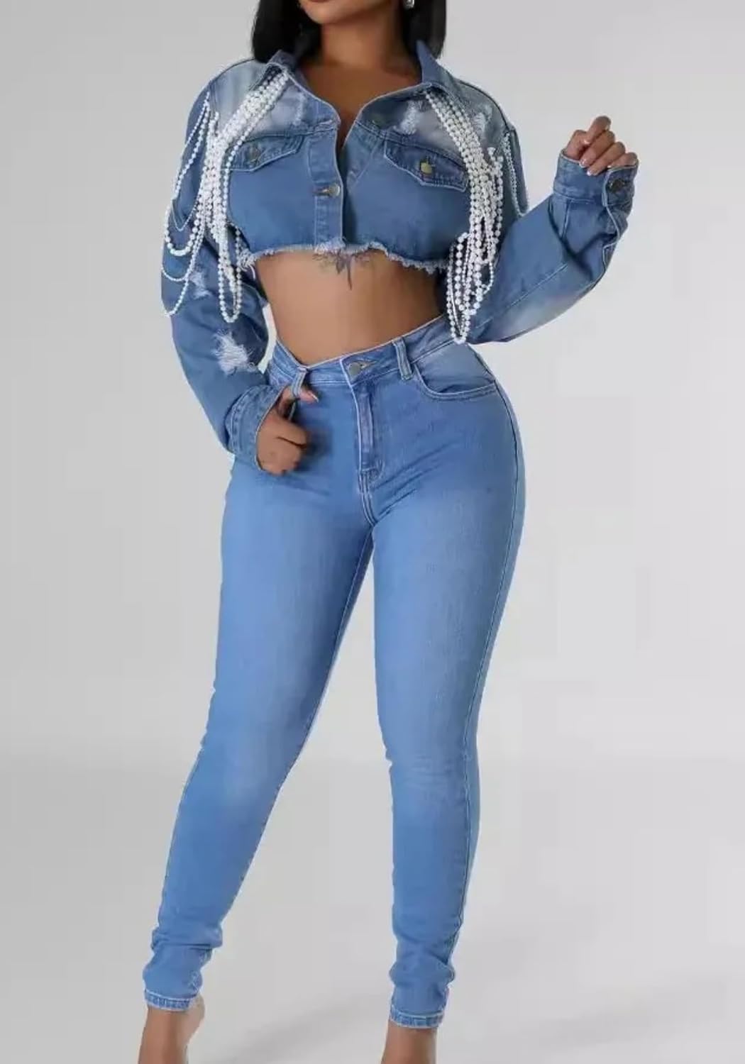 Lucuna Women's Cropped Denim Jacket Long Sleeve Trendy Pearl Distressed Crop Top Jean Jacket Coat - Image 3