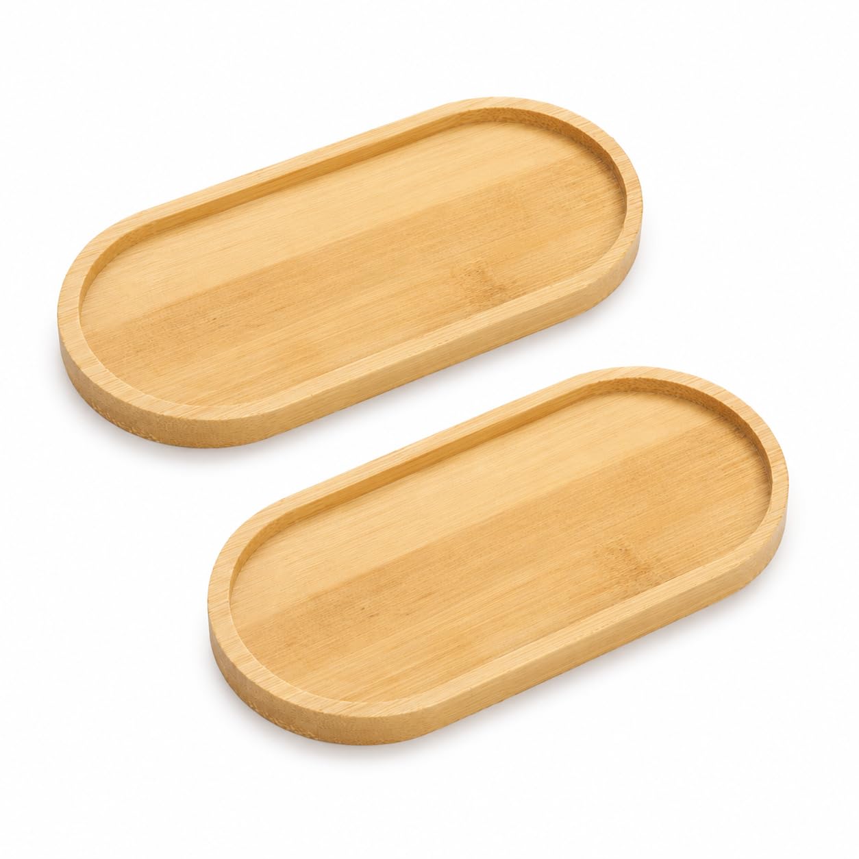 2 Pack Bamboo Oval Trays Wooden Trinket Dish Cup Coasters Natural Wood Raised Edge Vanity Organiser for Adults Professionals Bathroom Kitchen Office Desk Housewarming Home Storage Accessories