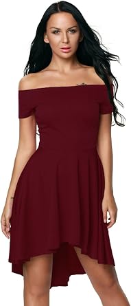 Burgundy Women Off Shoulder Sleeve High Low Skater Dress