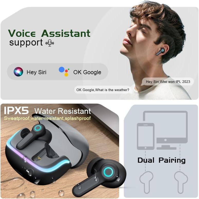 G07 Wireless Earbuds with RGB LED Light Gaming Earbuds with 40ms Low Latency Dual Game and Music Mode Earphones Wireless Headphones with 40 Hours Worktime IPX5 Waterproof (Black)