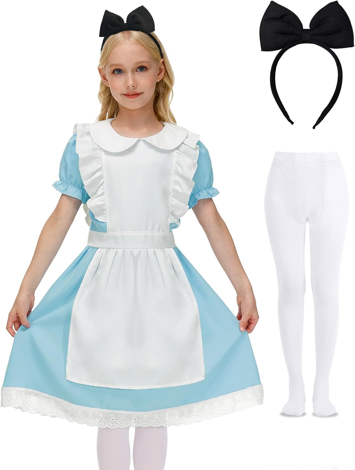 BesserBay Halloween Girls Puff Sleeve Tie Waist Peter Pan Collar Blue Dress with Headband Stockings 4-14 Years 4T 3pc Blue White Set