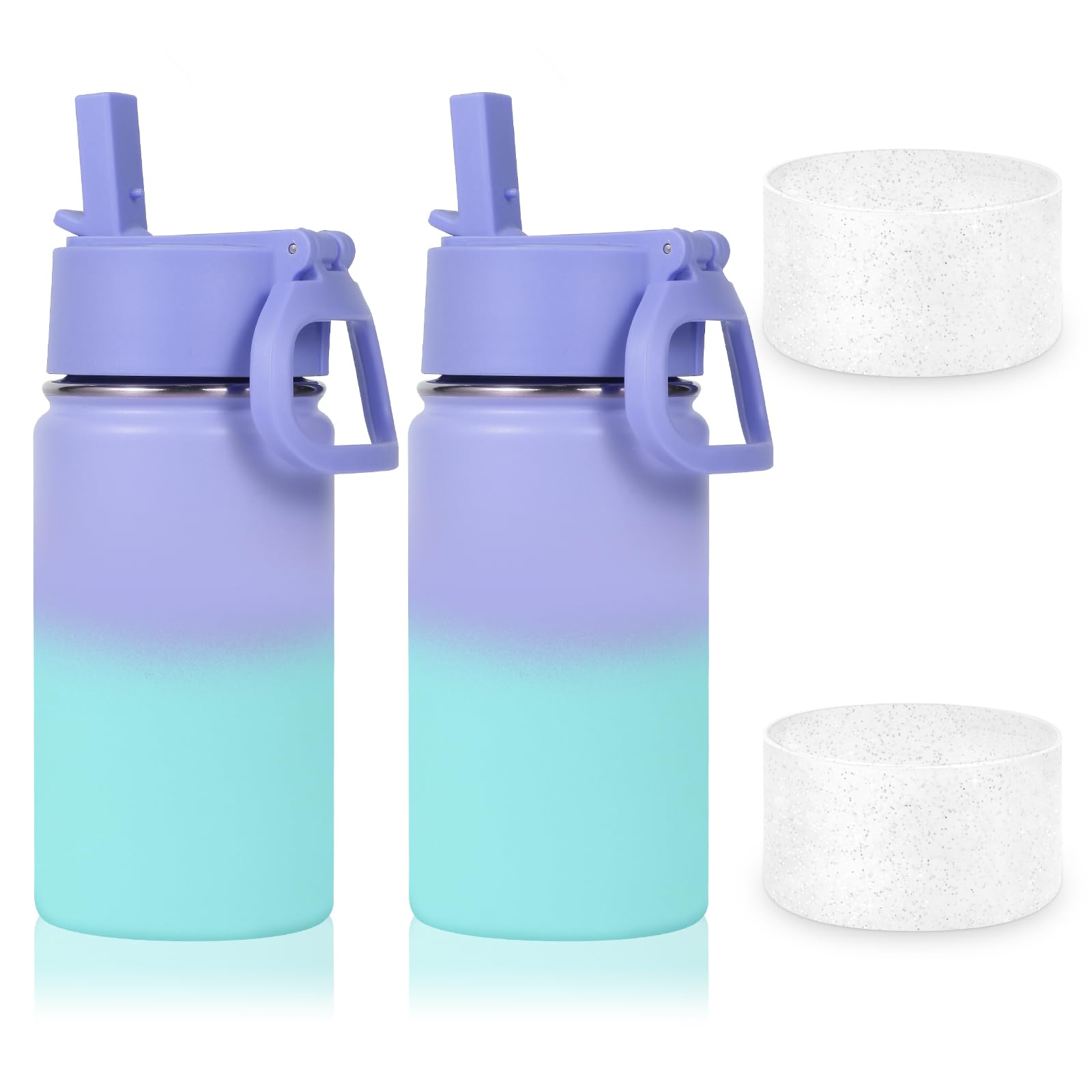 Volhoply 410ml 14oz Water Bottle with Straw Lid and Silicone Boot Bulk 2 Pack,Stainless Steel Insulated Tumbler for Boys & Girls Multipack,Double Wall Vacuum Leakproof Kids Bottles(Purple Blue,2)