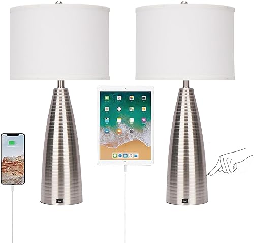 Juego de 2 lámparas de mesa con control táctil de 30 pulgadas de alto con puerto USB, regulables de 3 vías, lámpara de mesita de noche moderna con