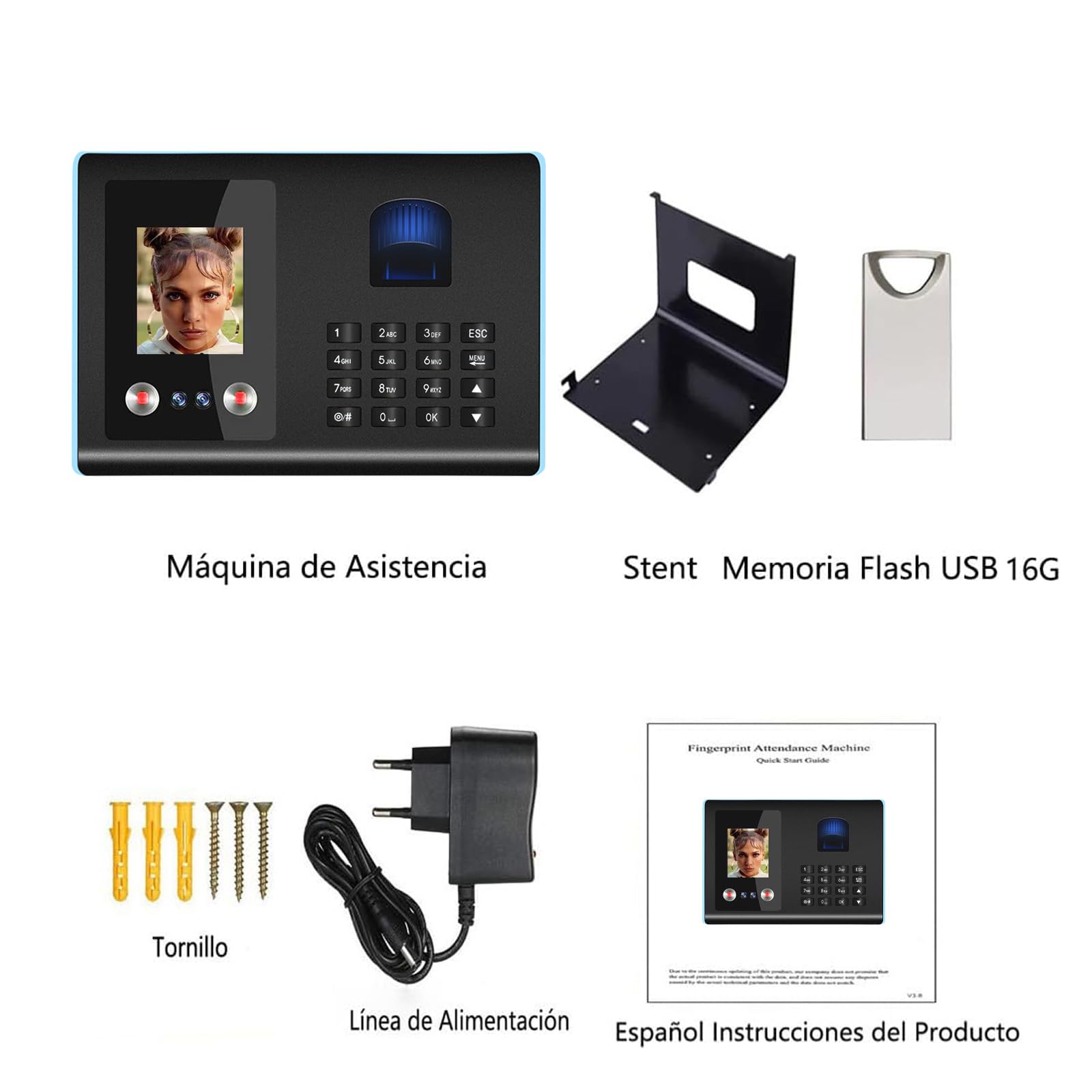 Máquina de Asistencia,Máquina Fichar de Asistencia Biométrica de Huella Dactilar con Sistema Española Pantalla LCD, 500 Rostros y 1.500 Huellas Dactilares,Azul