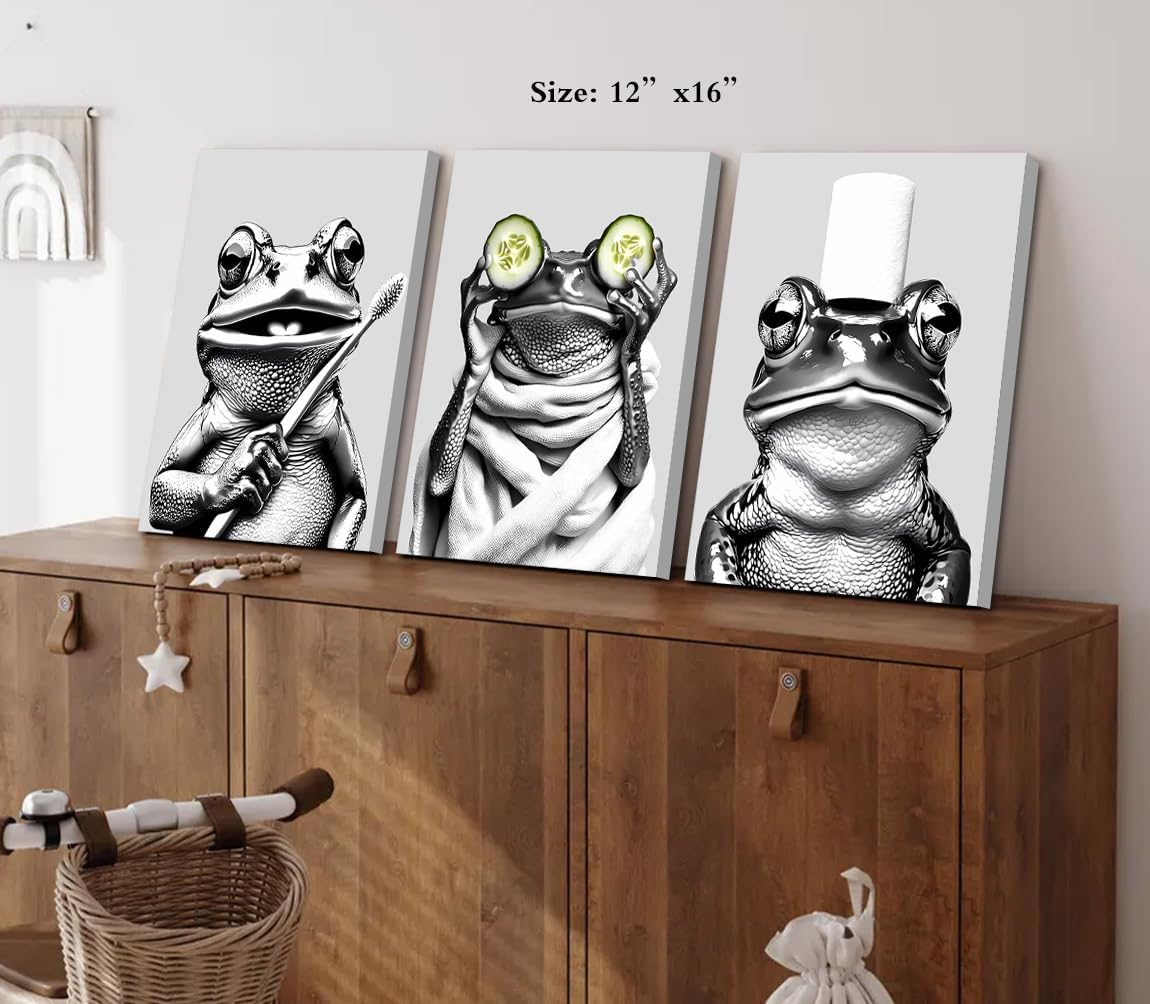 Framed Funny Frog Bathroom Wall Art Prints,Black and White Canvas Art Print,Kid's Room Wall Art,Toilet Humor Adorable Frog Canvas Prints for Bathroom Kitchen Wall Decor Set of 3(12"x16")