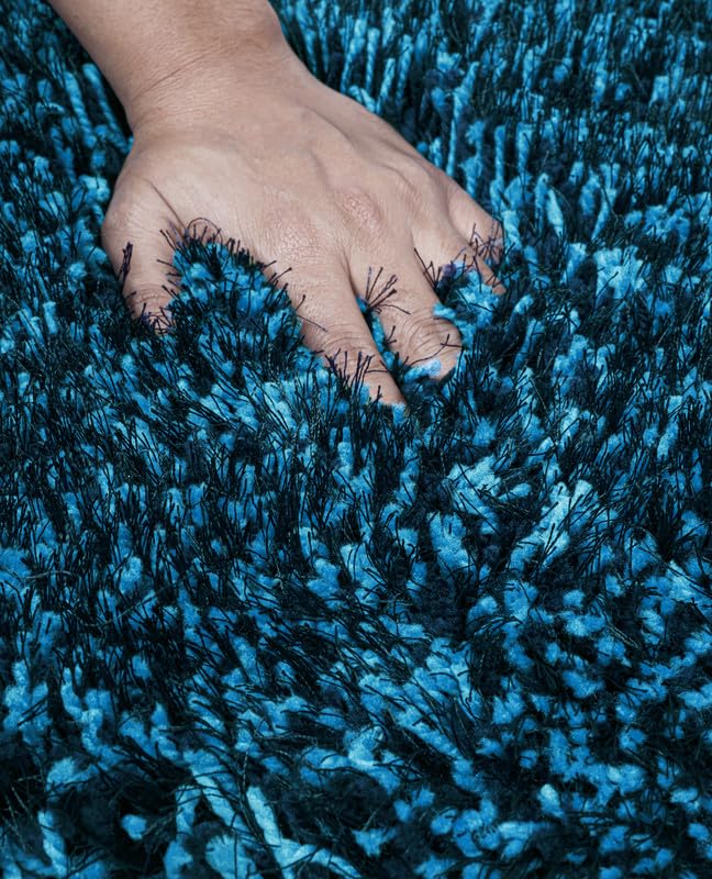 Image of FIASCO Tie Dye Shaggy Carpet Bedside Runner | 2 Inch Pile Height Back in Canvas for Bedroom, Kids Room, Guest Room Microfiber Soft Plush Fluffy Shaggy Carpet | 1.5x4 Feet Blue Turquoise Mix