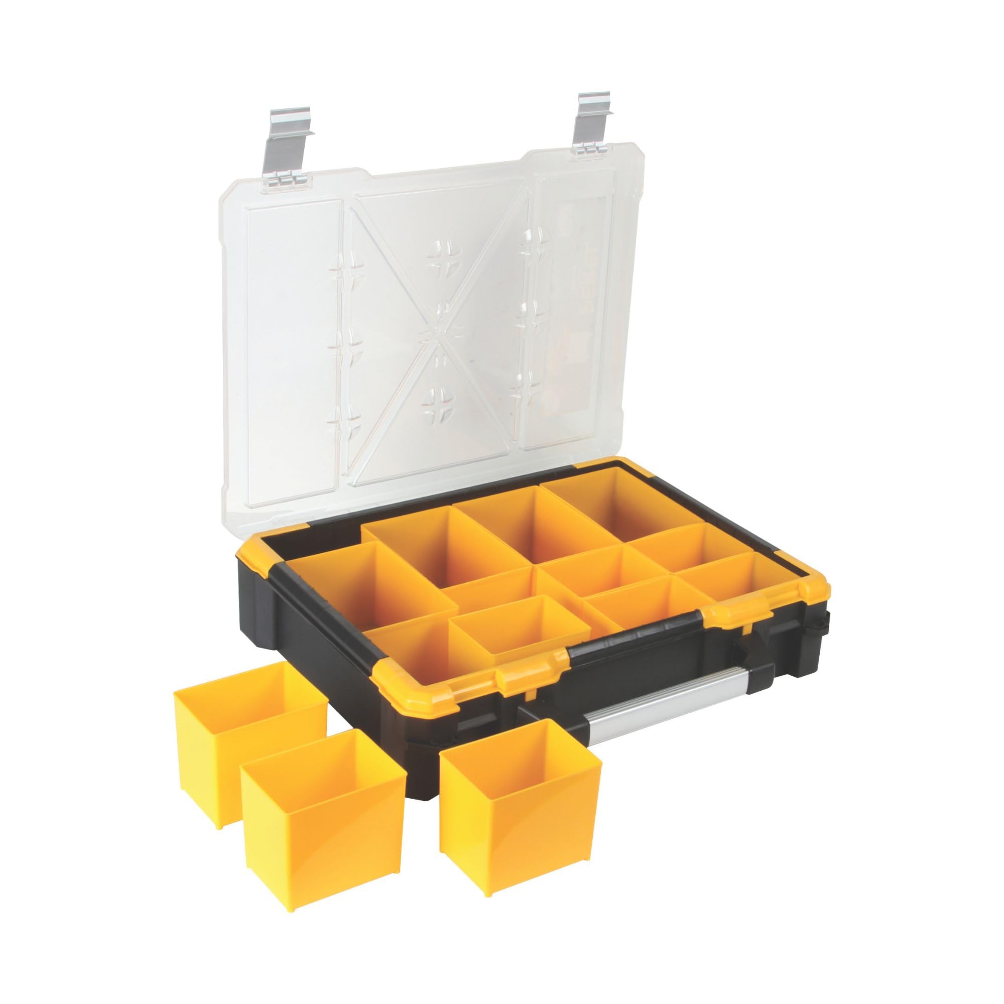 Perel Scatola assortimento, contenitore in plastica con 12 vaschette rimovibili, coperchio trasparente, impilabile, maniglia e chiusure in alluminio, per viti dadi chiodi e piccoli componenti