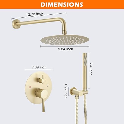 Miniatura 8 de BWE Juego de mezclador de lluvia de lujo de baño dorado cepillado, kit de ducha montado en la pared, sistema de cabezal de ducha de lluvia, grifo de