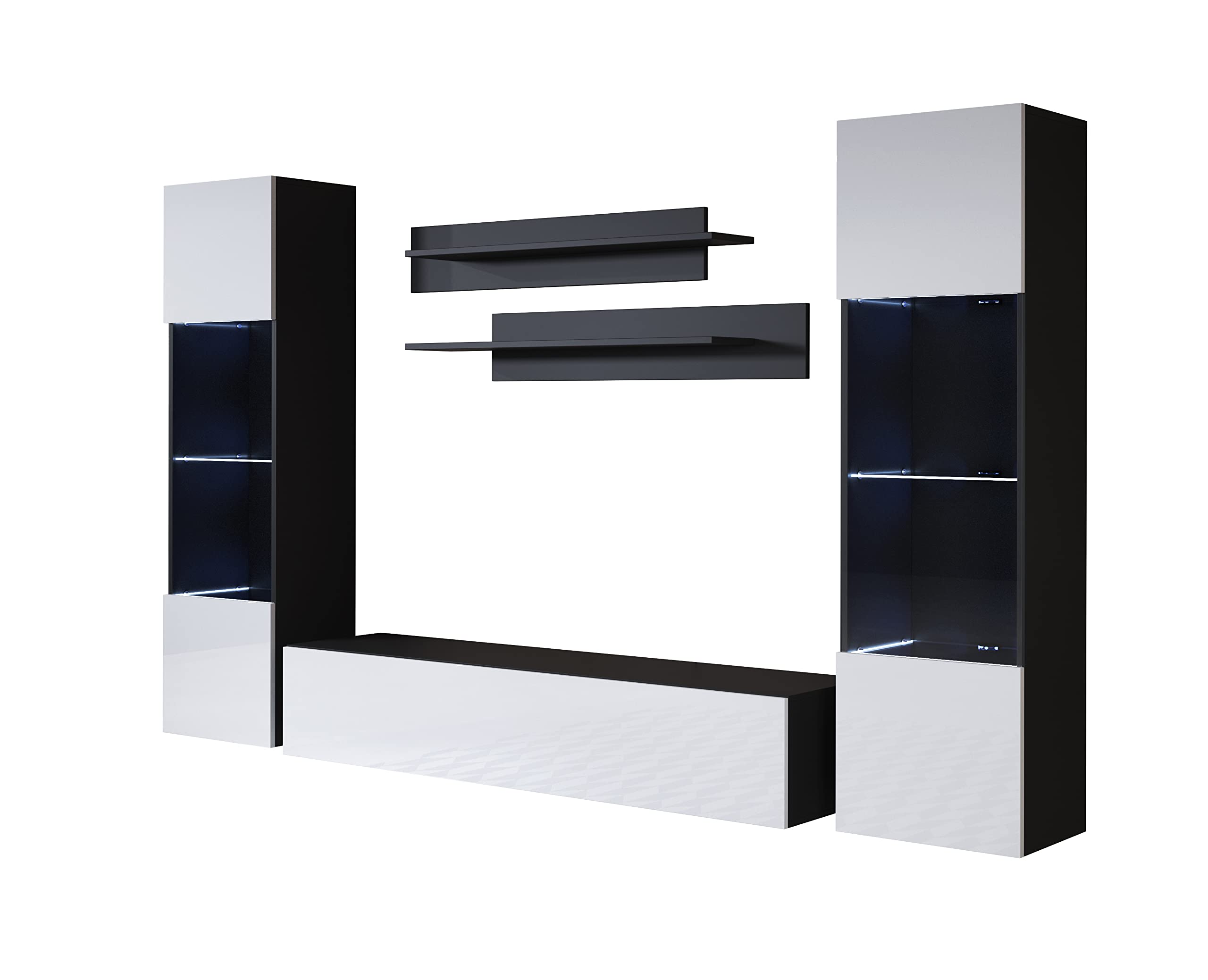 MB Muebles Bonitos, Conjunto de Mueble de Salón Luke 9D con Mueble TV, Diseño Modular Moderno, Acabado Brillo, Color Negro y Blanco