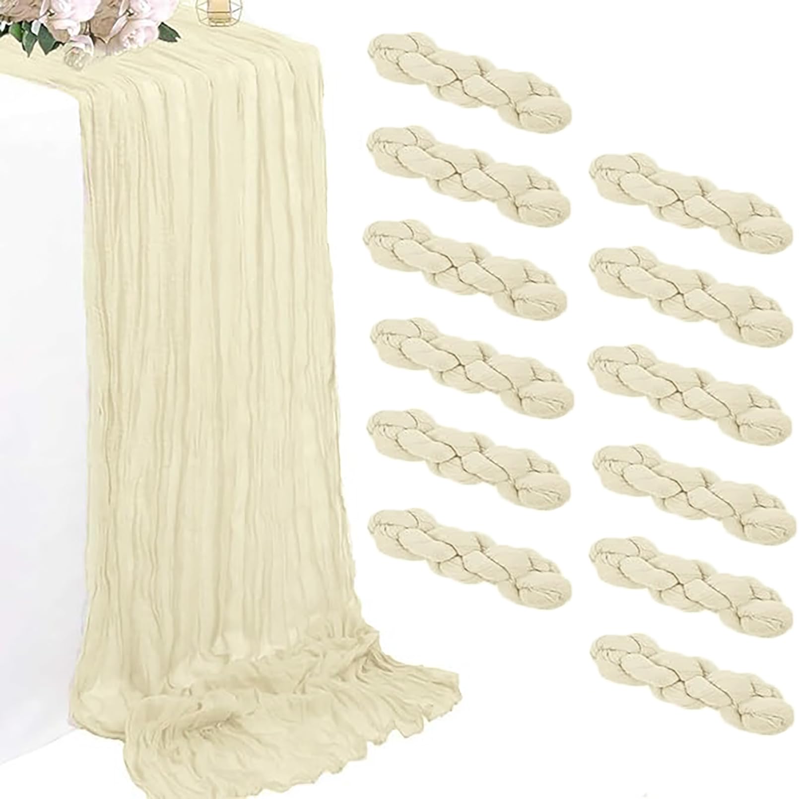 Photo 1 of 12 Pack Beige Cheesecloth Table Runners 35 x 120 Inch Rustic Boho Gauze Christmas Table Runner for Wedding Arch, Party Decoration, Bridal Shower, Reception, Farmhouse Dining Decor