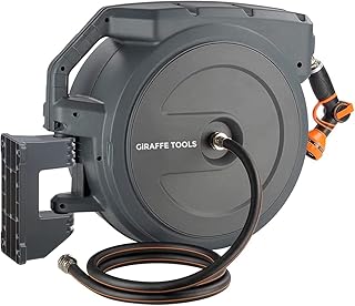 Giraffe Tools Hose Reel 5/8 inch x 90 ft PRO Metal Bracket, Heavy Duty Garden Hose Reel, Any Length Lock, Slow Return RetractableSystem, Wall Mounted and 180 Deg