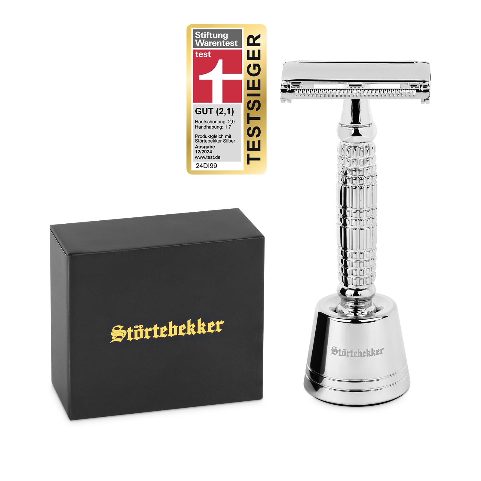 Störtebekker® Premium Rasierhobel 'Hamburg' im Set mit Rasierständer 'Hamburg' - Silber - hochwertiges Zubehör für dein Badezimmer - rutschfester Boden - massiver Stand - 125g - Geschenkidee