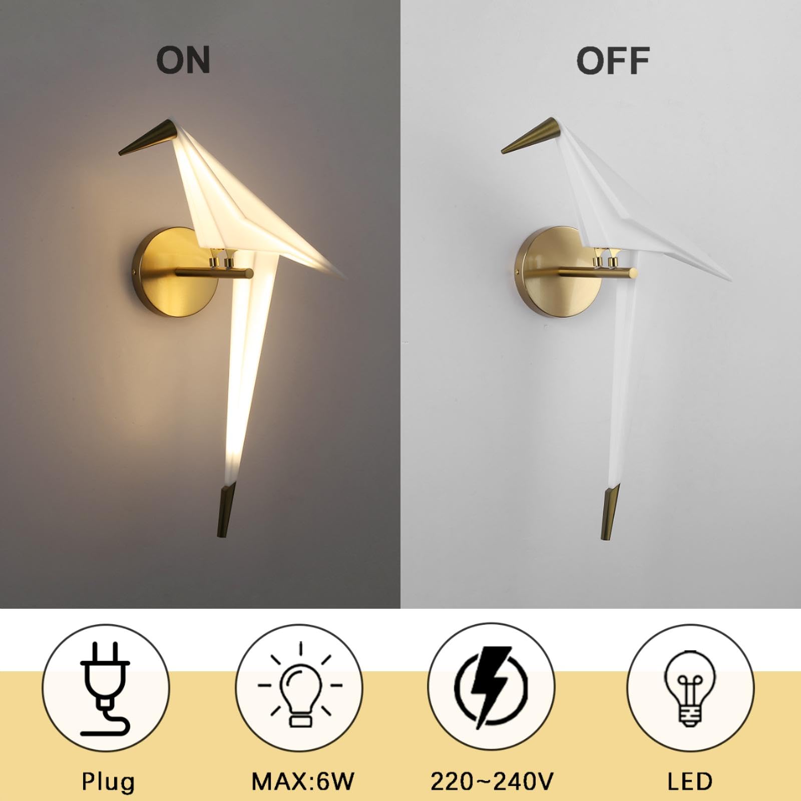 Wandleuchte Moderne Gold Papier Kran Swing Vogel LED Wandleuchte,3000K Warme Acryl Lampenschirm Metall Basis Wand leuchte für Wohnzimmer Schlafzimmer Büro Studie Lesen, 50cm*20cm