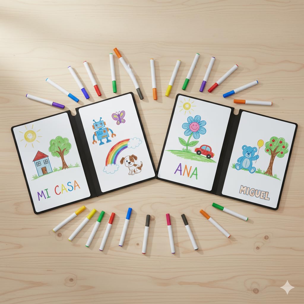 MandA® PIZARRA BLANCA pequeña | CUADERNO Pizarra PLEGABLE, BORRABLE y PORTÁTIL | Pizarra MAGNÉTICA | 2 x A5 + 11 Rotuladores + Gamuza - Cuaderno de pizarra | INFANTIL | OFICINA | ESTUDIAR | Azul