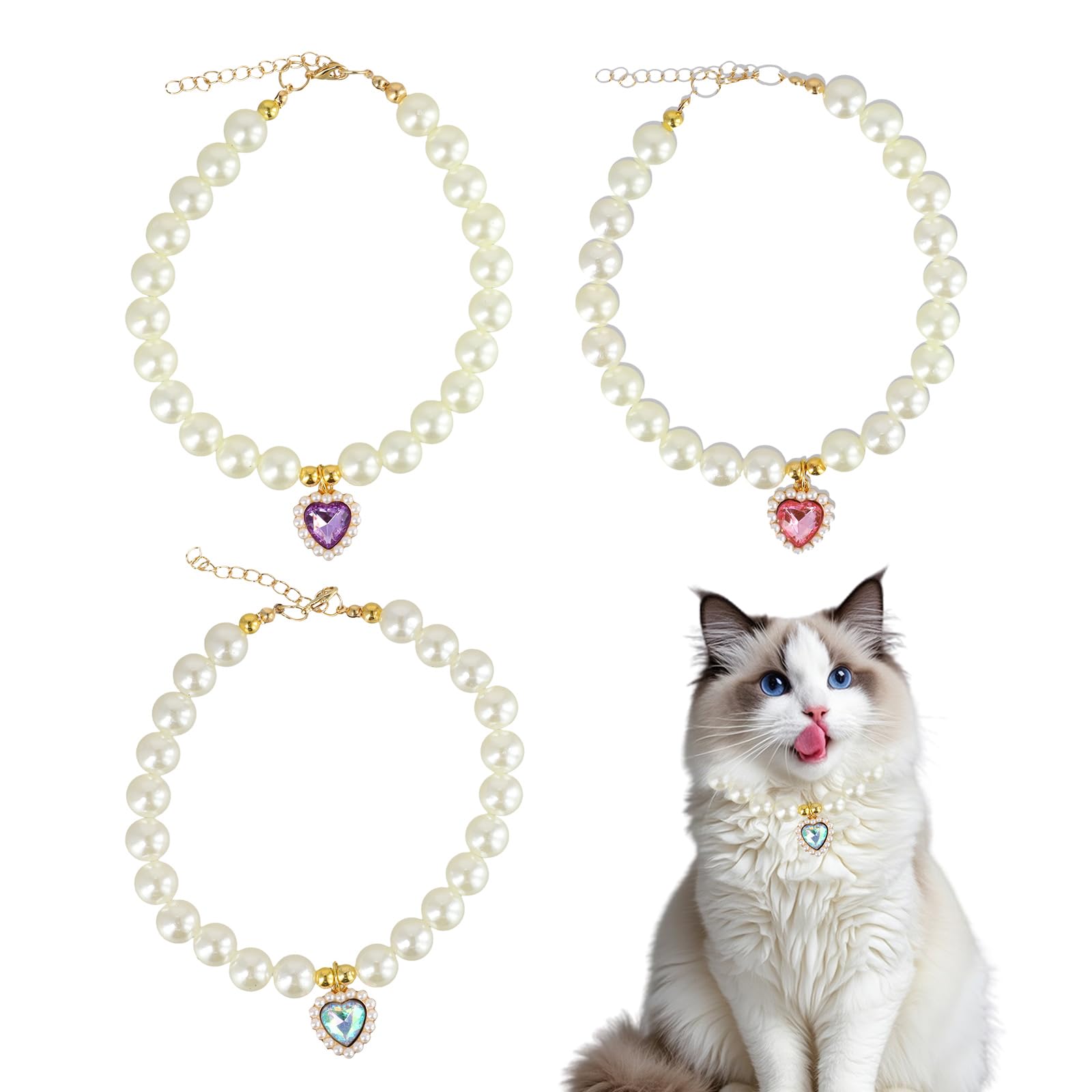 3 collares de perlas para gatos con colgante de corazón, collar de perlas ajustables para gatos, perros, bodas, fiestas, accesorios de joyería para mascotas para perros pequeños y gatos