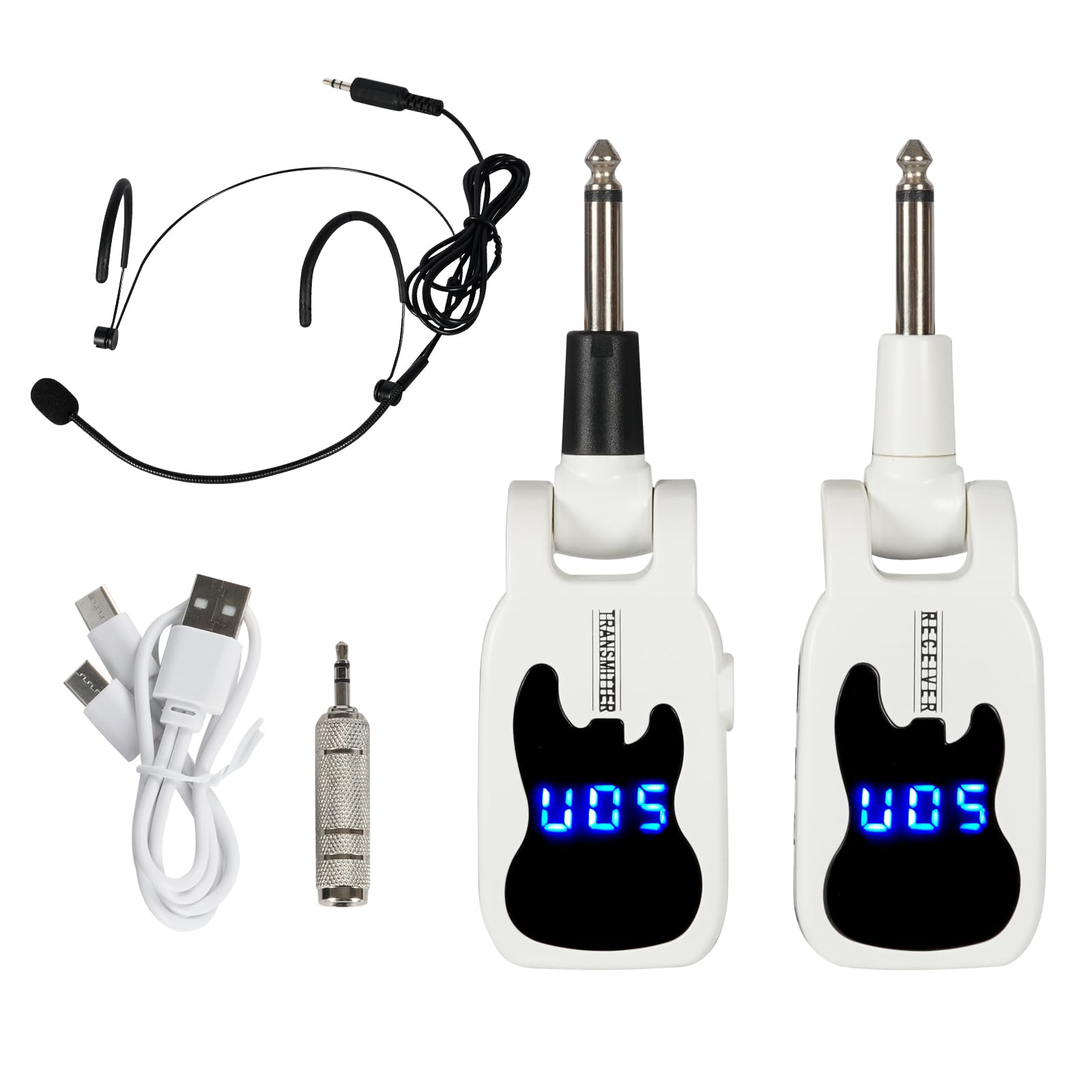 Devilclaw Wireless Guitar System with Microphone Headset, UHF Wireless Headset Mic Transmitter Receiver 2 in1for Guitar Bass Electric Instruments (White)
