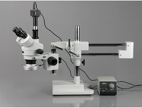 AmScope SM-4TZ-80M-5M Microscopio Digital Profesional Trinocular Estéreo Zoom, WH10x Oculares, Aumento 3.5X-90X, Objetivo de Zoom 0.7X-4.5X, Anillo