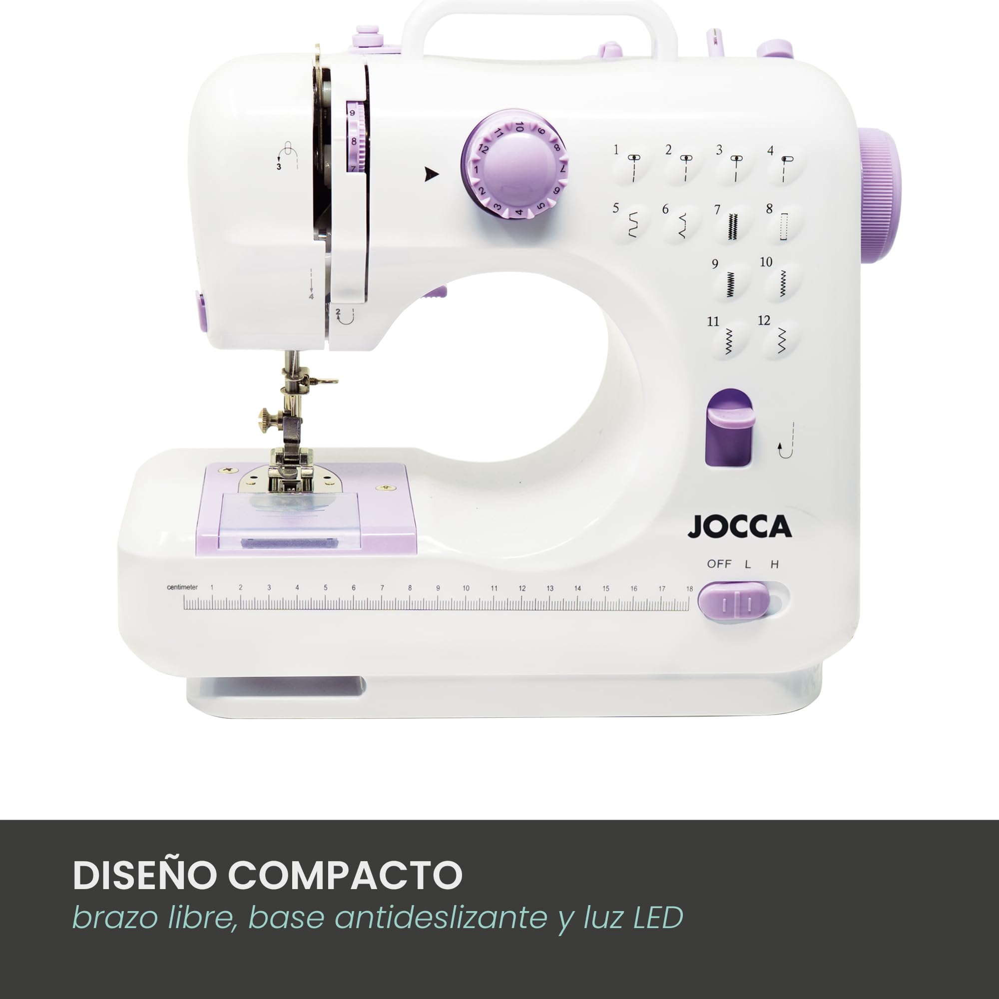 Jocca Macchina da cucire portatile con 12 punti, braccio libero, doppia velocità, luce LED, occhiello in 4 fasi, accessori inclusi e utilizzo con cavo o batterie