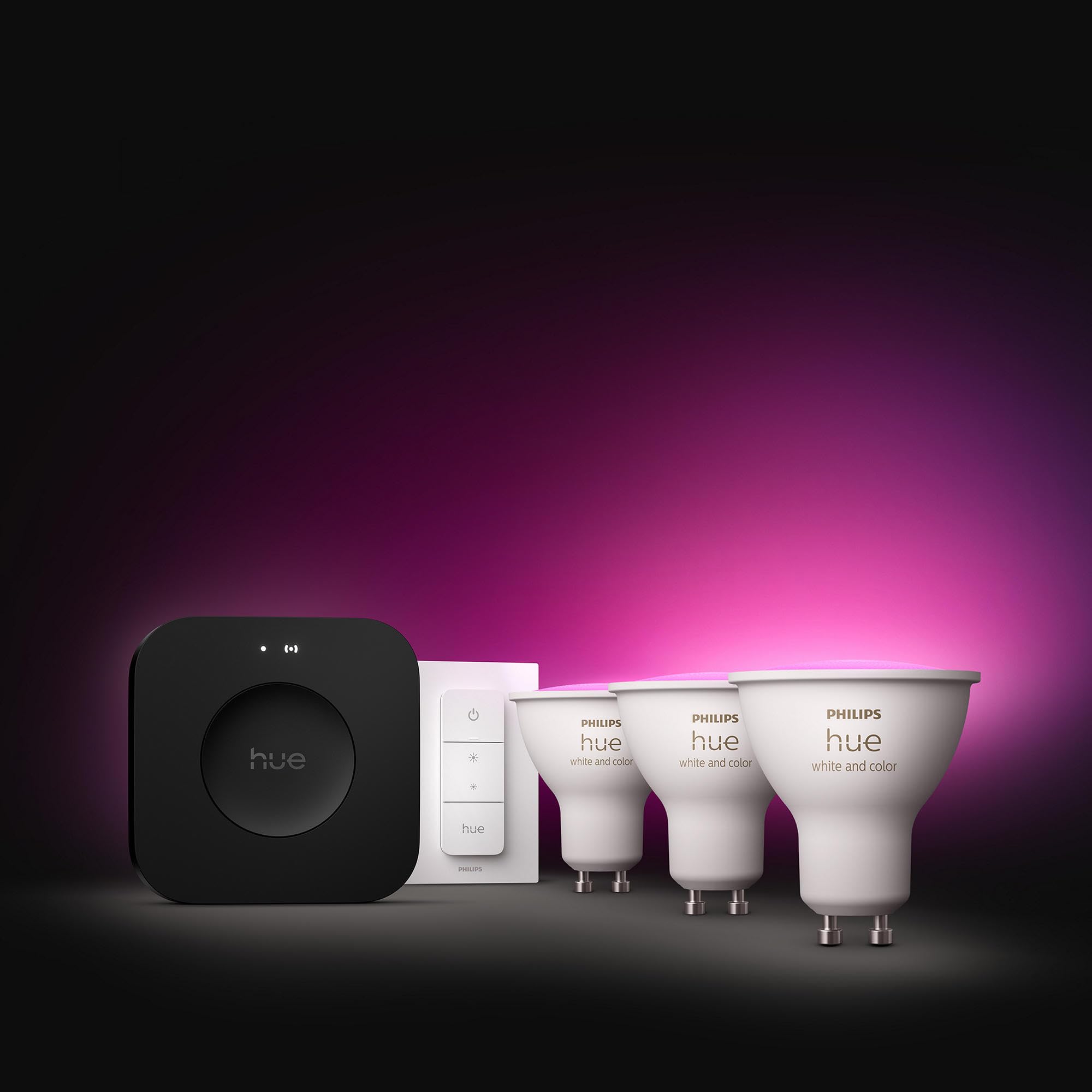 Kit di avviamento - PHILIPS HUE - Luce bianca e atmosfera colorata - 1 Bridge Pro + 3 faretti GU10 da 400 lumens + 1 variateur interruttore