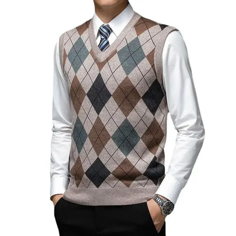 Men's Woolen Sweater Warm Diamond Shaped Lattice Casual Business V-Neck Sweater Vest3