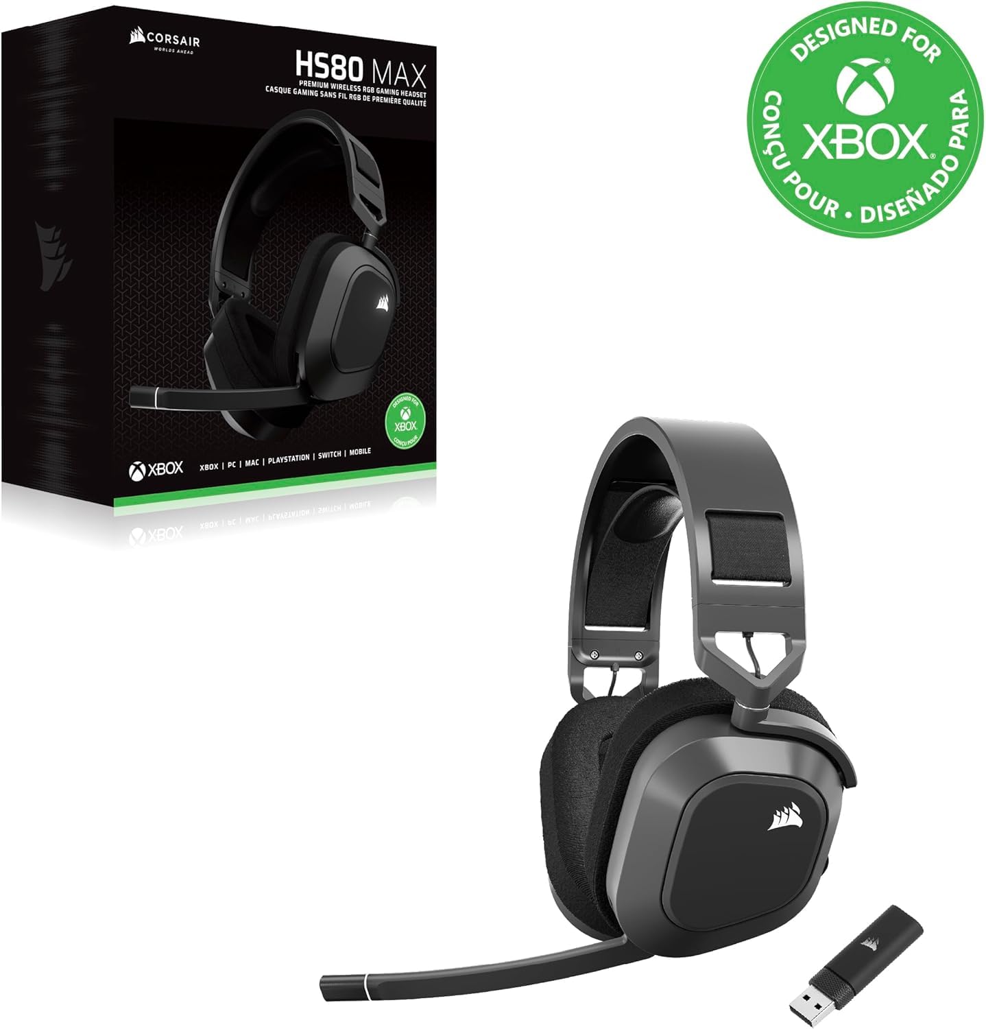 Corsair HS80 MAX Wireless Xbox Gaming Headset Bluetooth Stahlgrau Dolby Atmos Omnidirektionales Mikrofon iCUE Kompatibel Xbox PC Mac Mobile
