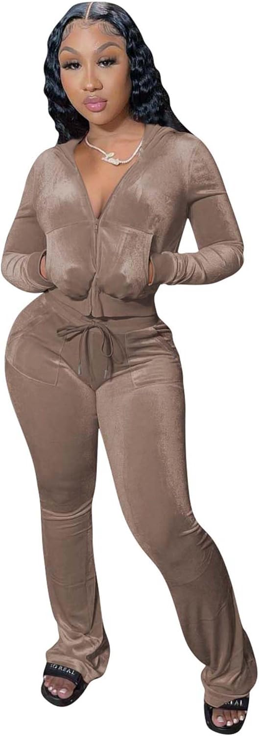 Women's Velour Tracksuit Set with Hooded Crop Top Kuwait Ubuy