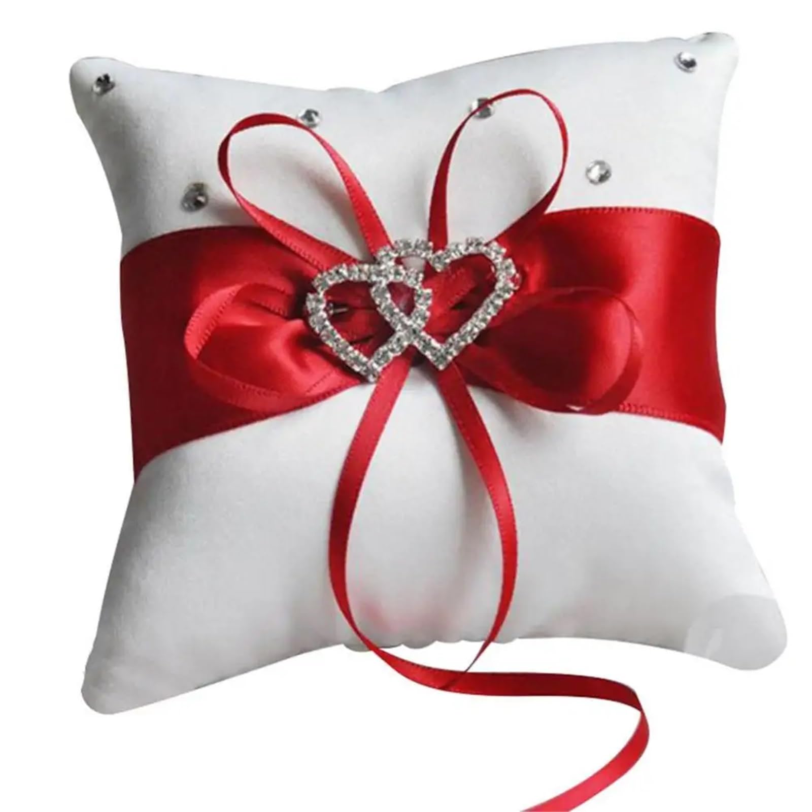 CGRSDSD Ring Bearer Pillow 10x10 Cm Romantic Bridal Wedding Ring Pillow Double Heart Ribbon Cushion Decor Rhinestone Decor For Wedding(Red)