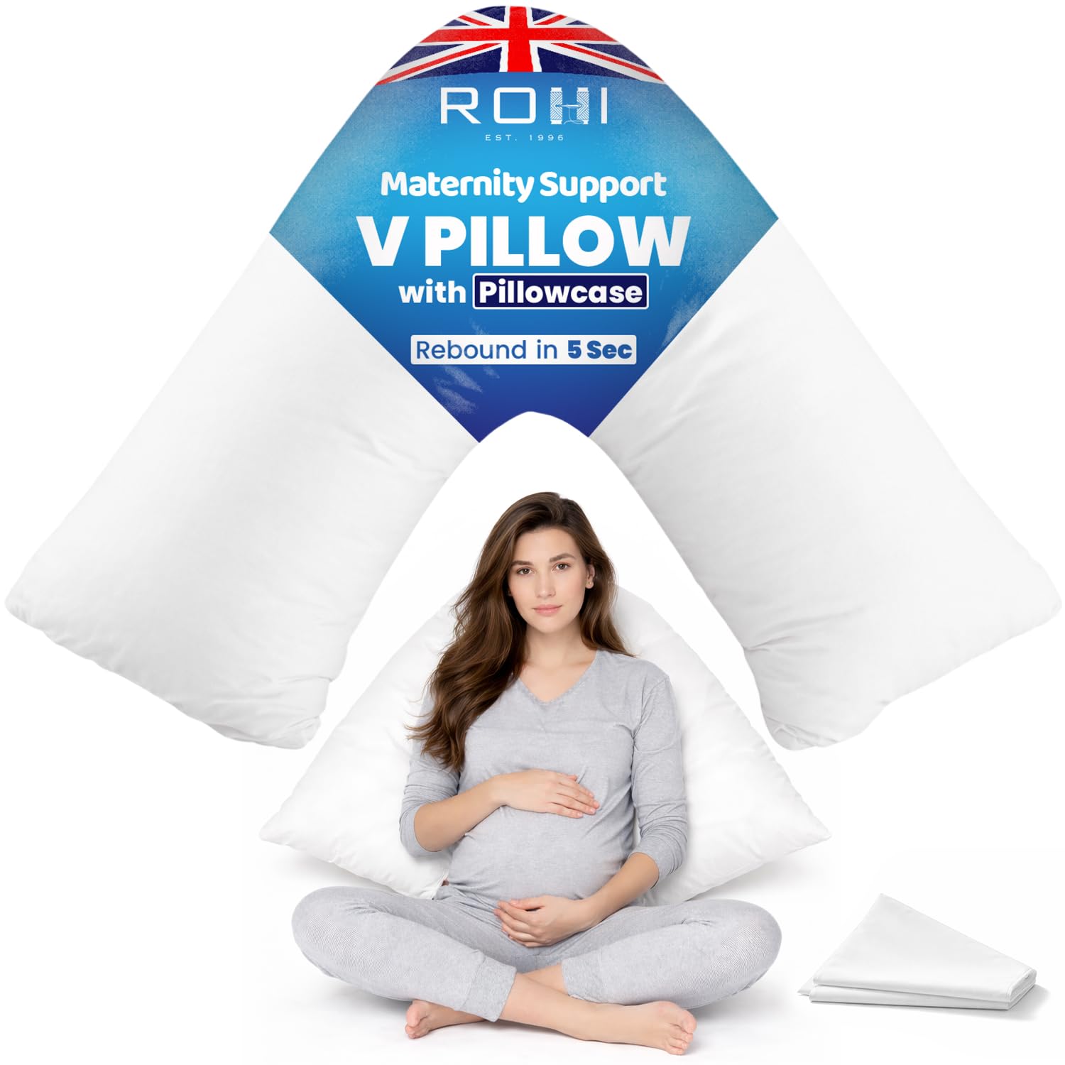 Rohi White Orthopaedic V Pillow With Pillowcase – Anti Allergy Triangle Pillows For Adults, Nursing, Maternity & Pregnancy – Extra Hollowfibre Cushioning To Supports Neck, Head & Back (White)