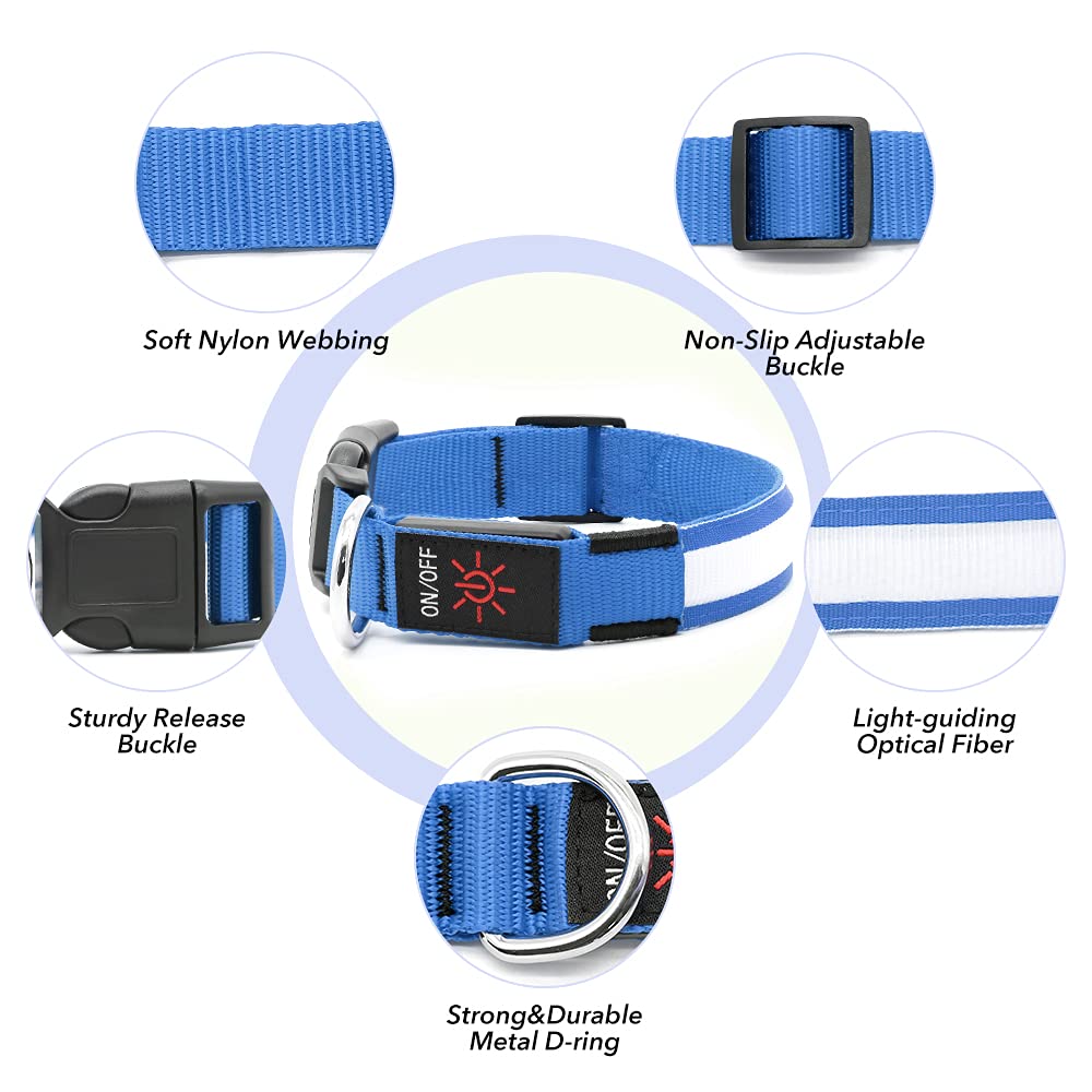 BSEEN Collar de perro con luz LED reflectante, recargable, resistente al agua, brilla en la oscuridad, para perros pequeños, medianos y grandes (azul rey, mediano)