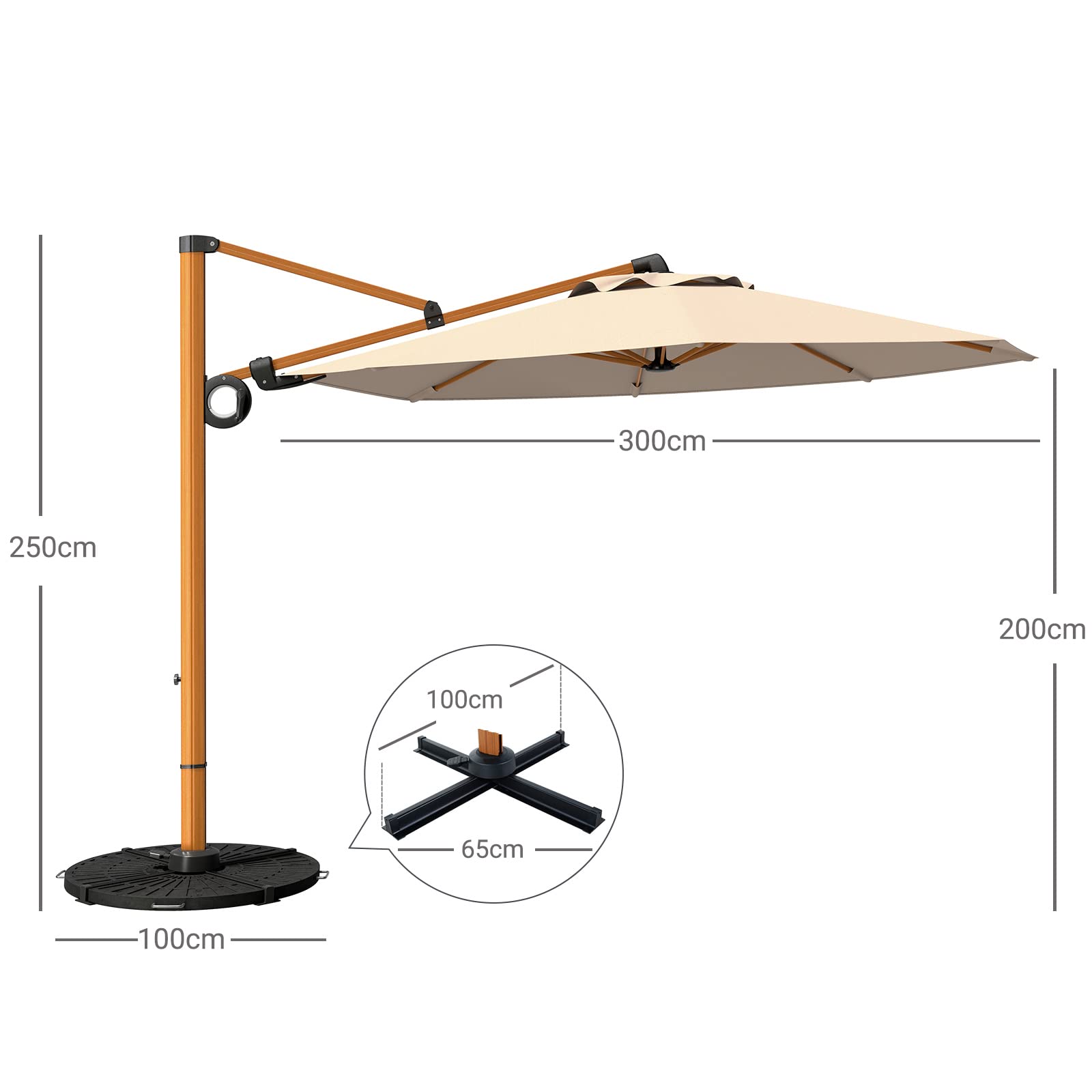 Grand patio Parasol de jardin de 3×3 m, parasol déporté à 8 nervures, parasol de jardin pour l'extérieur (champagne, rond)