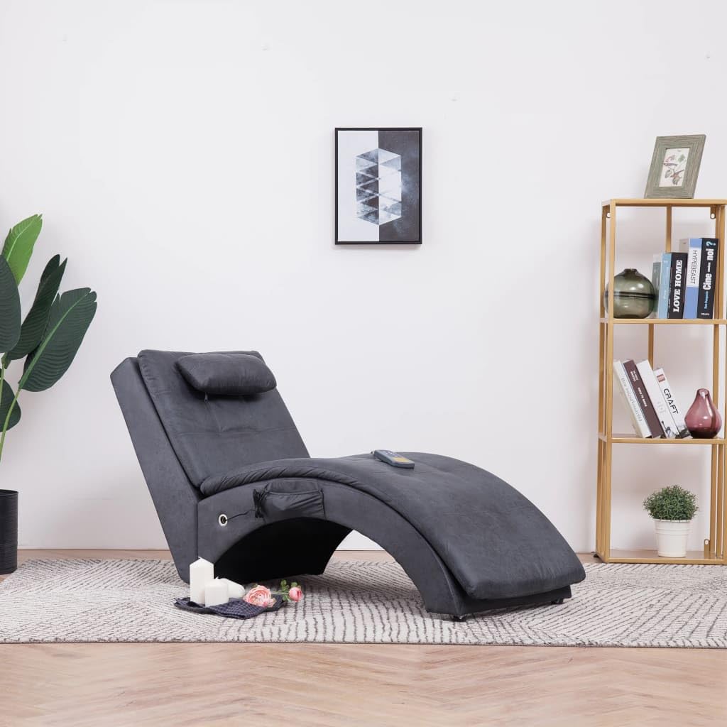 Chaise longue de massage en daim gris élégante avec pieds en acier et assise chauffante ergonomique