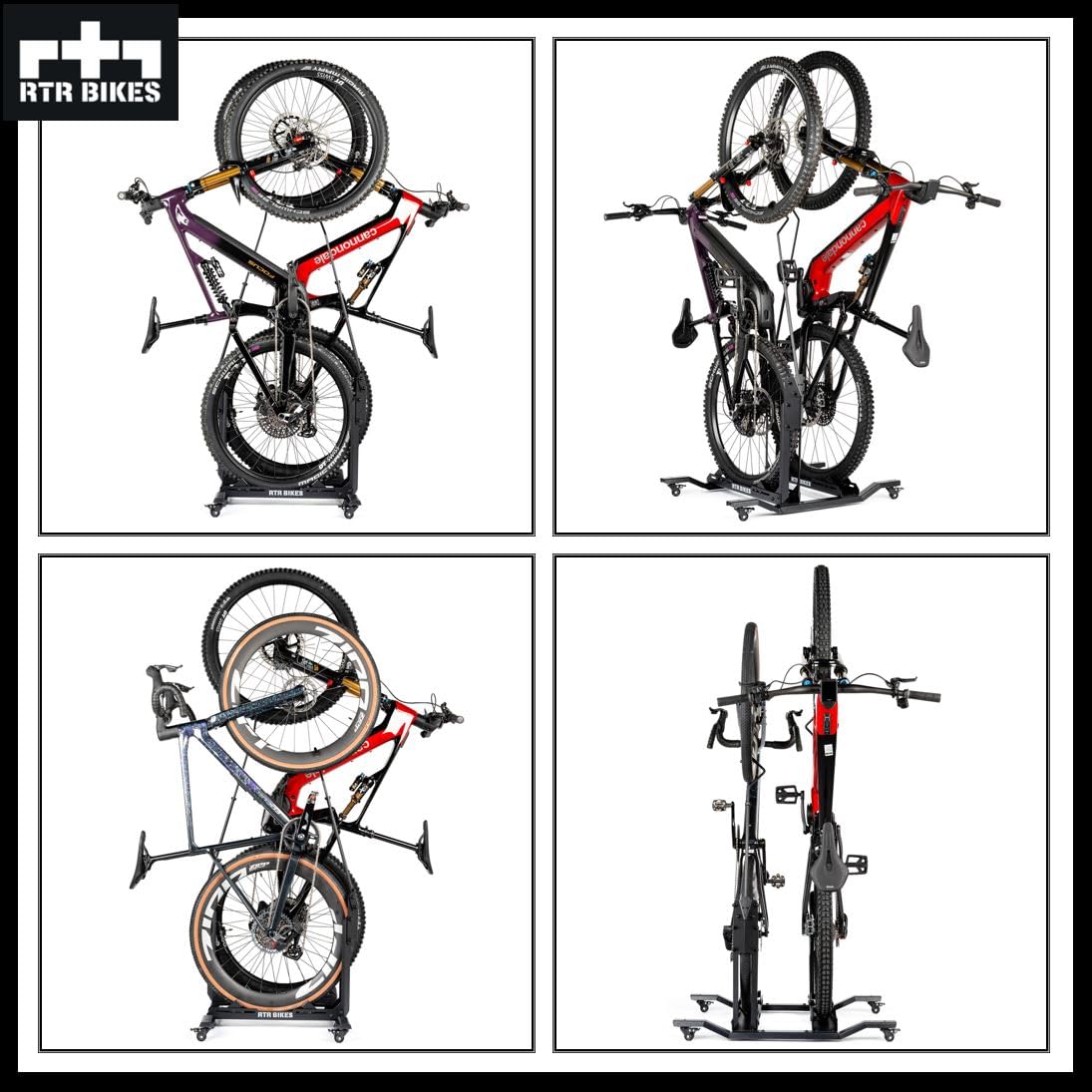 RTR BIKES Double Up Support Vélo Sol Vertical pour 2 Vélos - Râtelier Mobile sur Roulettes - Charge 60kg (2x30kg) idéal VTT & VAE - Gain de Place 0,5m² - Sans Perçage - Made in EU