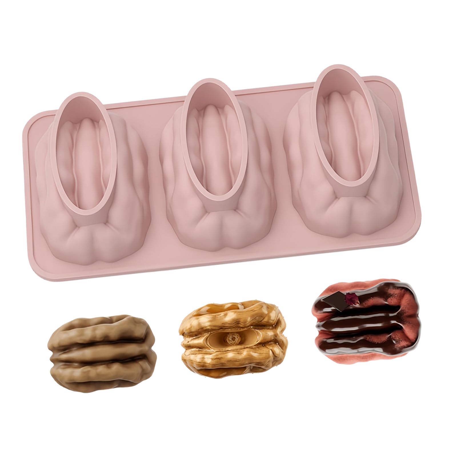 COOLHOOD Silicone Baking Tray Cake 3 Cavity Walnuts Shape Dessert Molds Suitable for Candy Dishwasher Safe Creative Cake Molds
