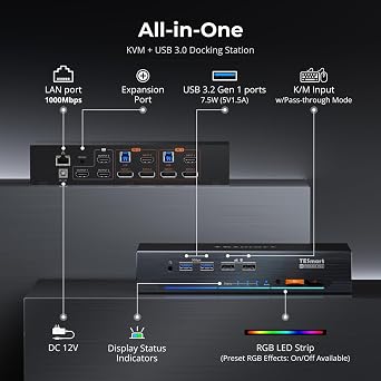 TESmart 4K@144Hz Displayport + HDMI KVM Switch 3 Monitors 2 Computers USB 3.0, HDMI 2.1&DP 1.4 KVM Switch Triple Monitors 8K@60Hz Gaming, Support EDID, Gigabit Network, VRR, All Input Cables Included