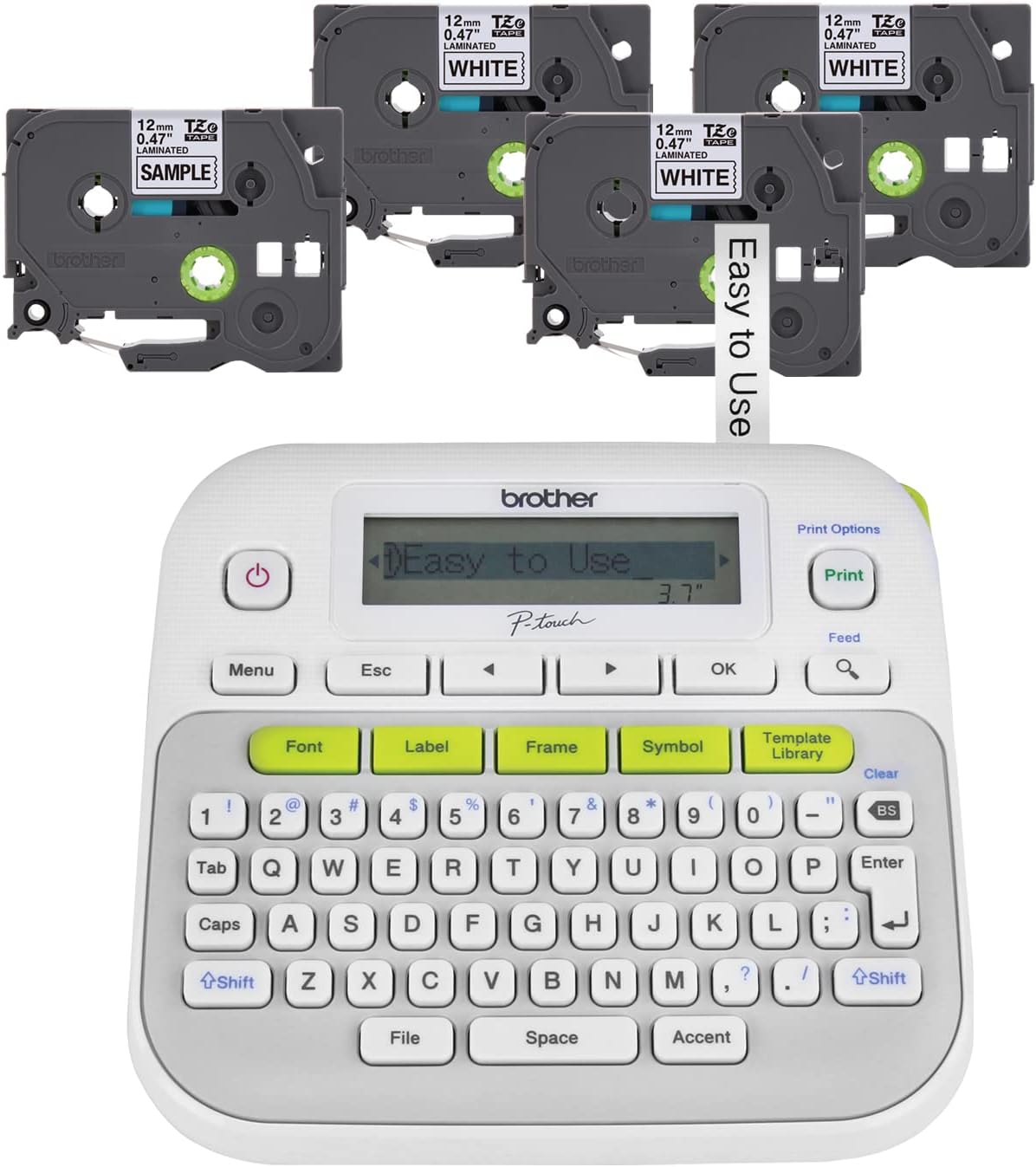 P-Touch, PTD210, Easy-to-Use Label Maker Bundle (4 Label Tapes Included), White, Small