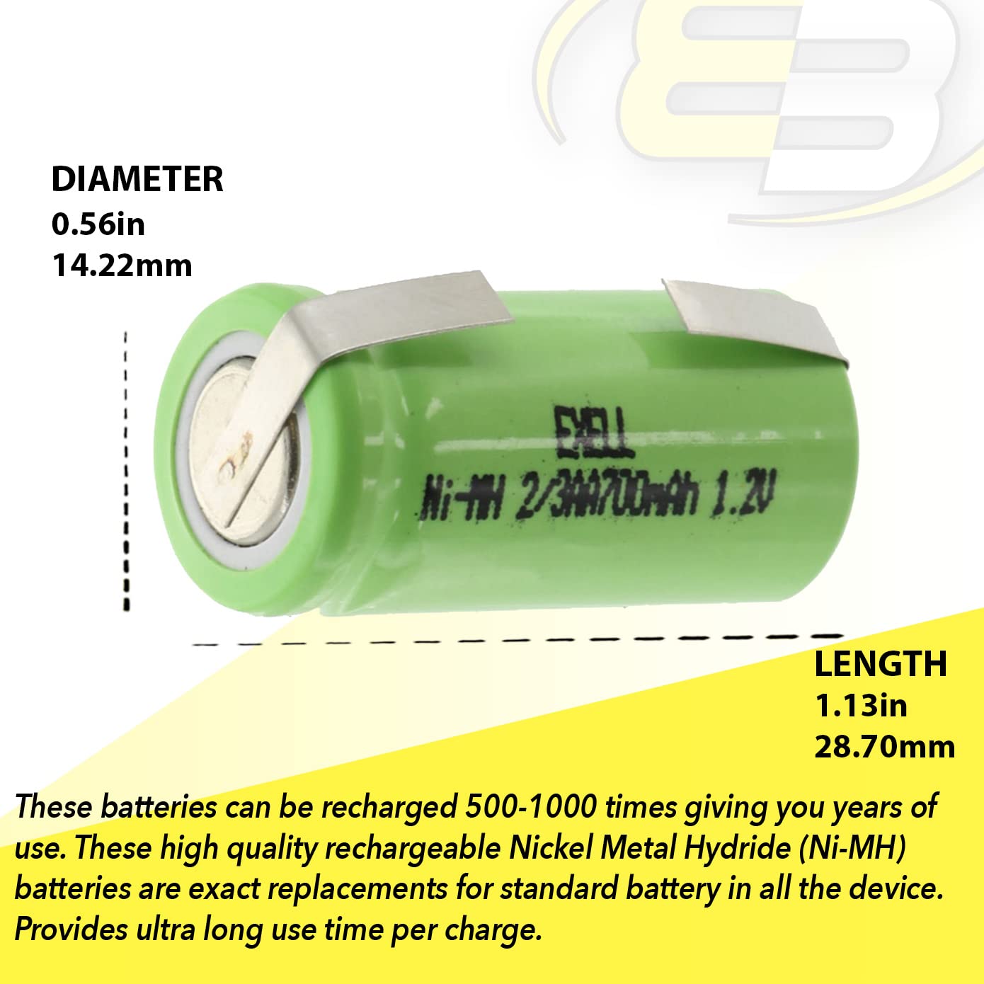 3X Exell 2/3AA NiMH 700mAh 1.2V Flat top Rechargeable Battery with Tabs for Data Loggers, Gas Meters, Water Meters, Portable Monitoring Devices