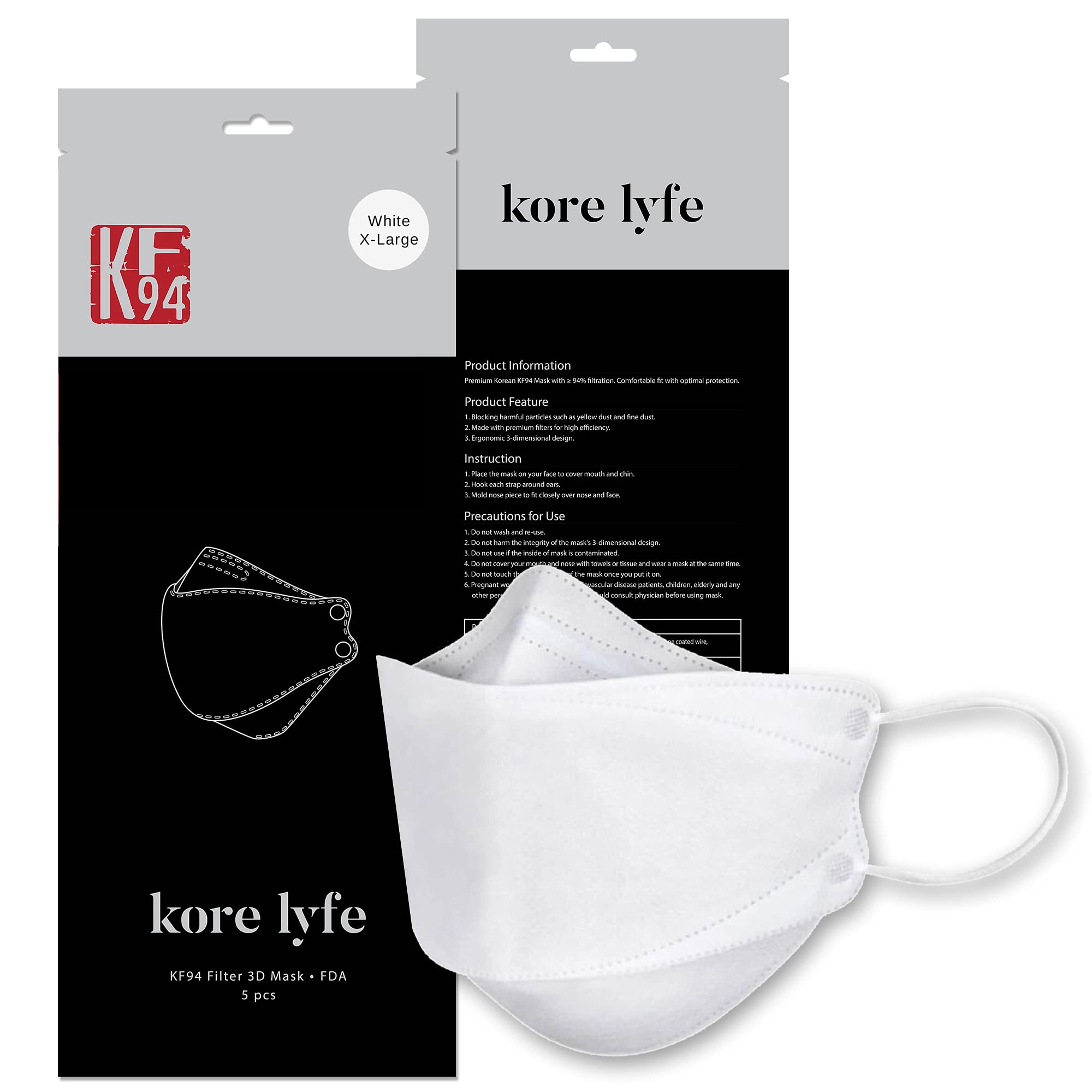 [25 PCS] 25% LARGER KF94 Face Mask - X-LARGE WHITE - [Made in Korea] - In 5 PCS Reclosable Package - Breathable Premium Quality - [Package in English]