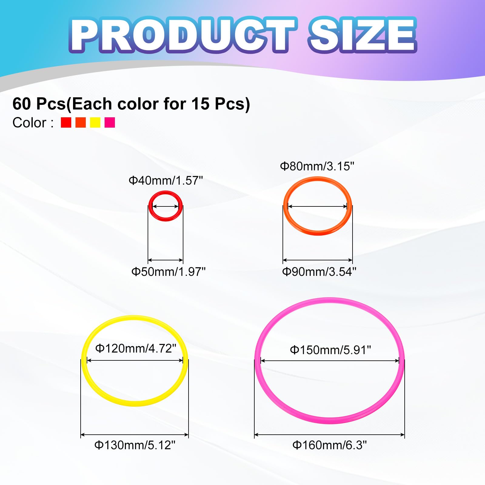 PATIKIL Plastic Toss Ring 4 Sizes, 60 Pack Sports Rings Toss Game Speed and Agility Practice Rings for Carnival Outdoor Games Supplies Bean Bag Throwing Yard Games, 4 Colors