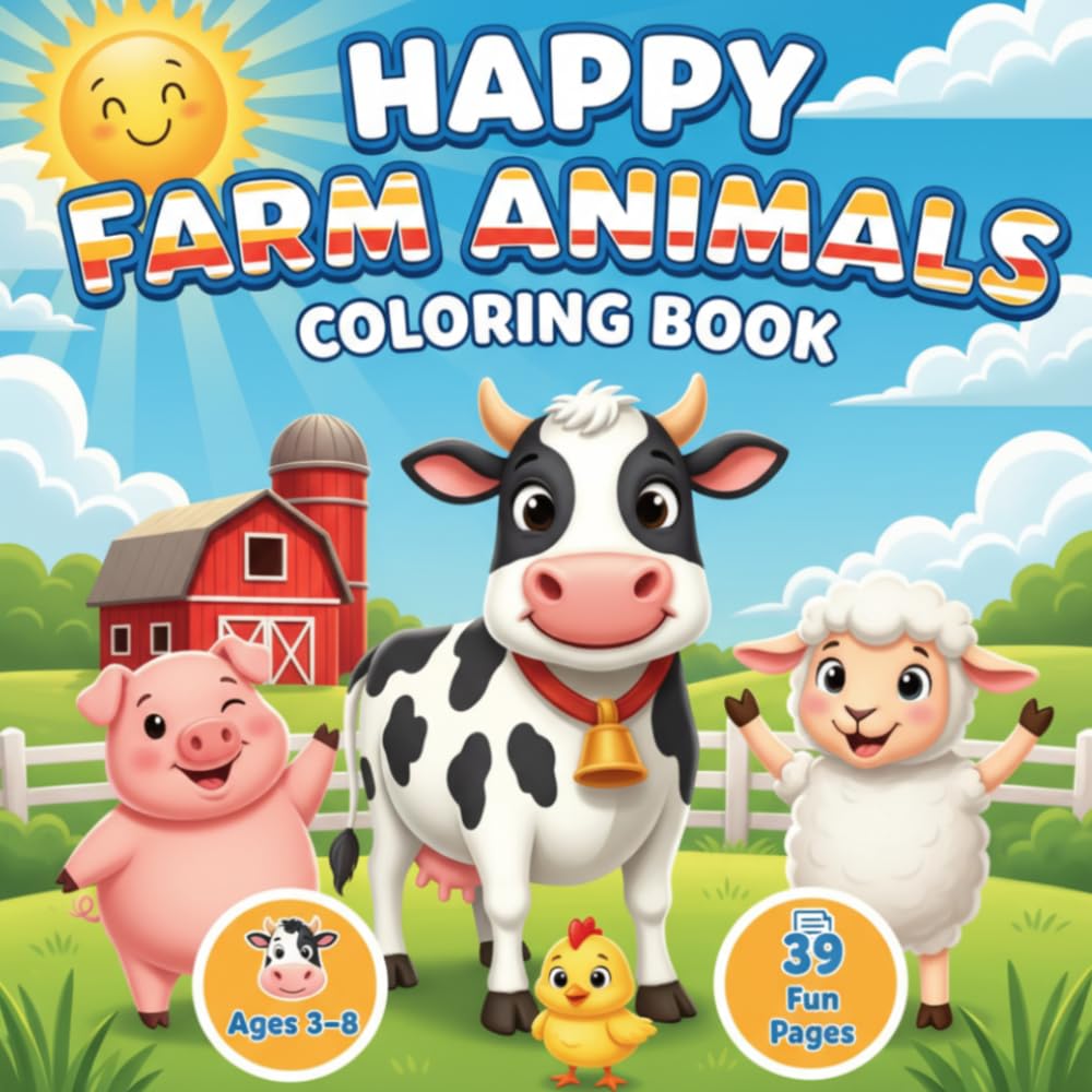 Happy Farm Animals Coloring Book: Cute and Easy Barnyard Animal Coloring Pages for Kids Ages 3–8